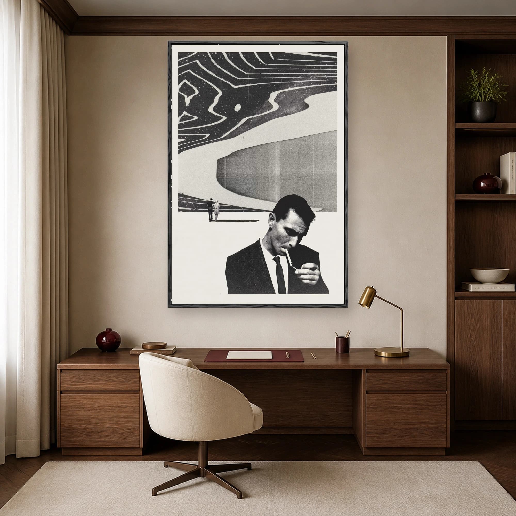 Surreal Noir Print with Cosmic Sky and Smoking Man, view 2