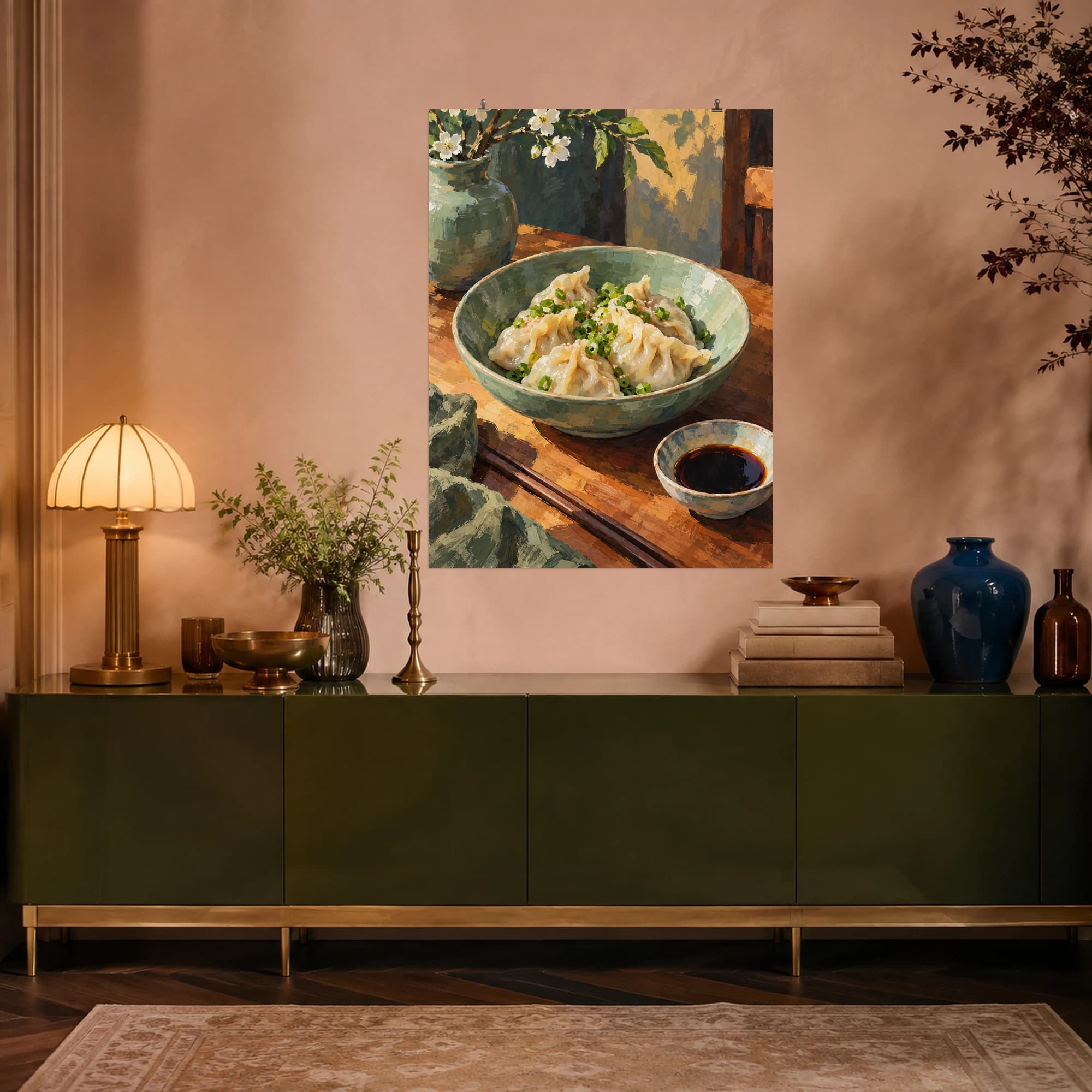 This gouache-style composition features a shallow celadon bowl of steamed dumplings with scallions and a tiny dish of soy sauce on warm wood. Expressive brushwork and a balanced palette bring warmth and character to your space.