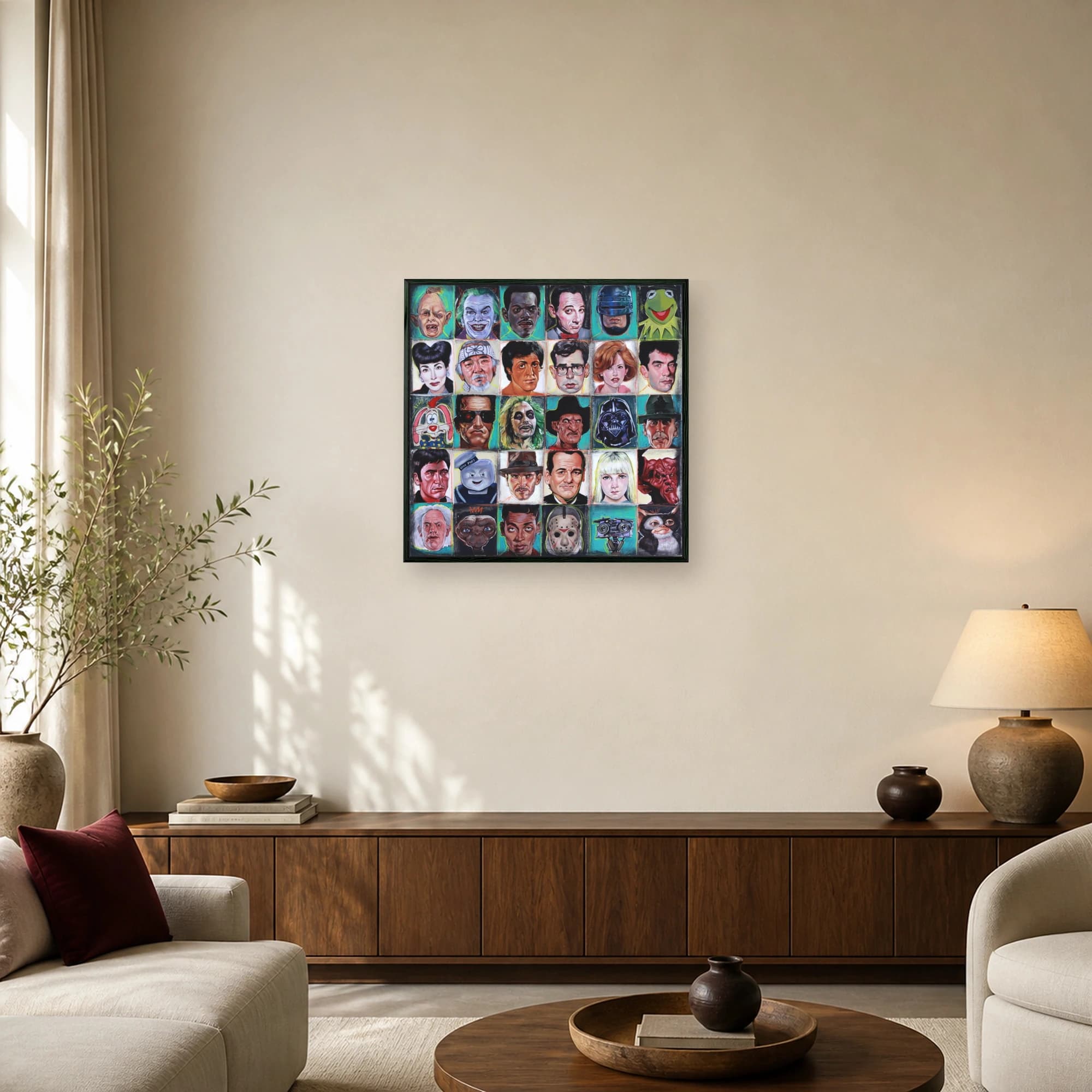 A multi-panel grid art print featuring painted portraits of famous movie characters and pop culture icons against teal and black backgrounds.