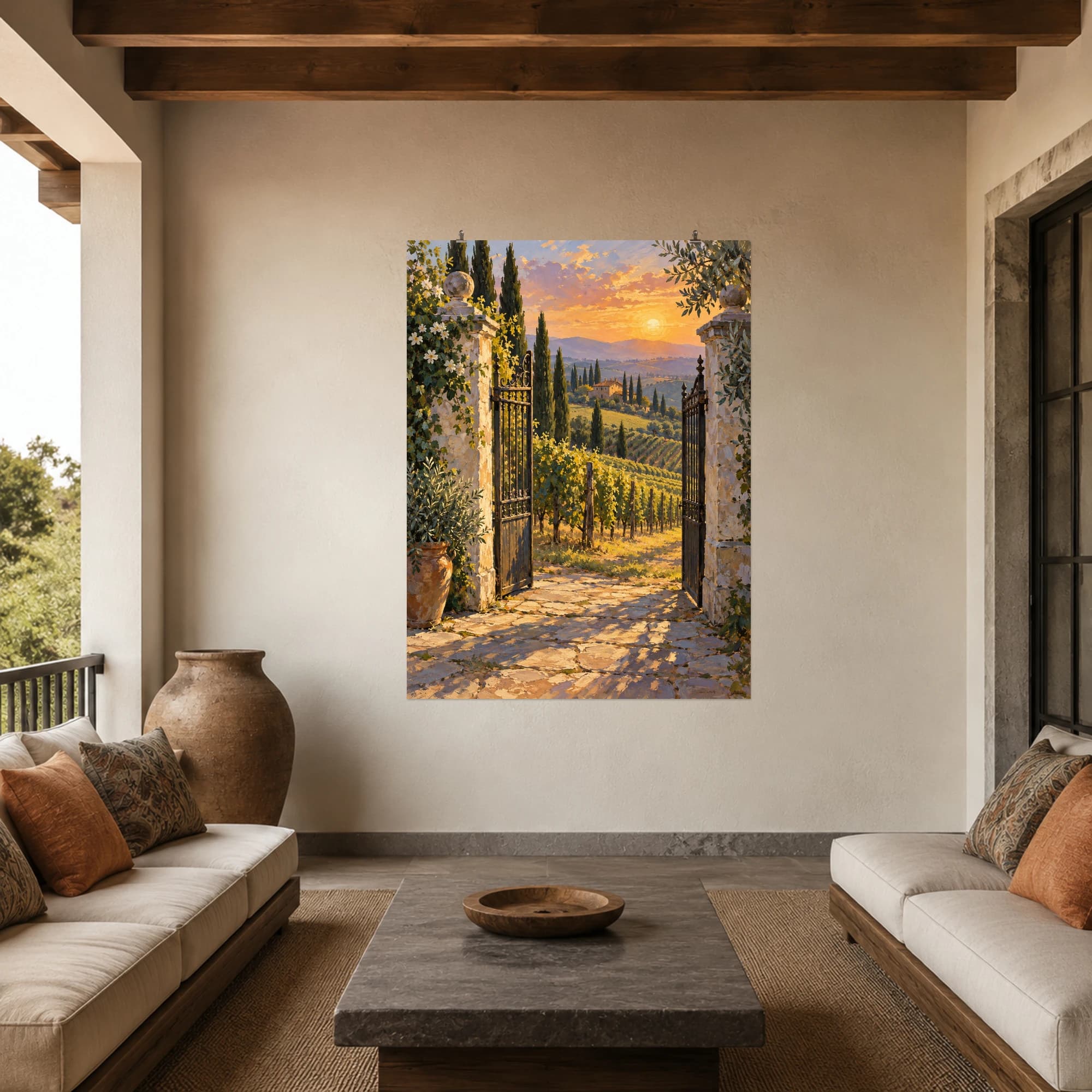 This gouache-style composition features an old wrought iron gate between pale stone pillars opening onto vineyard rows and slender cypress trees, Tuscan late afternoon glow. Expressive brushwork and a balanced palette bring warmth and character to your space.
