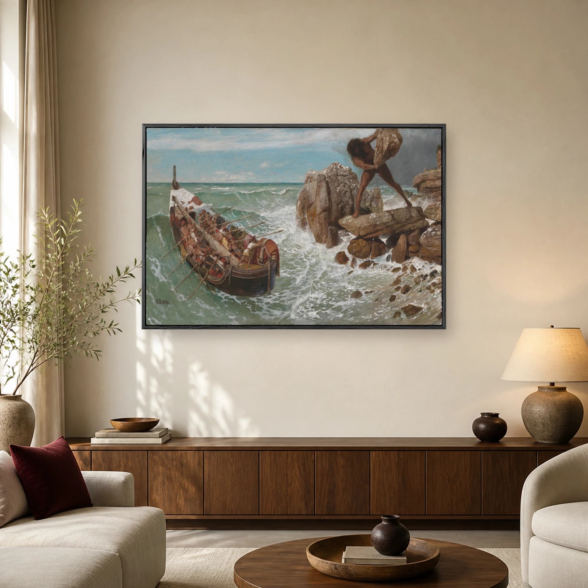 Academic painting of a giant Cyclops throwing a boulder from a cliff at a fleeing ancient Greek rowing boat on turbulent ocean waves.