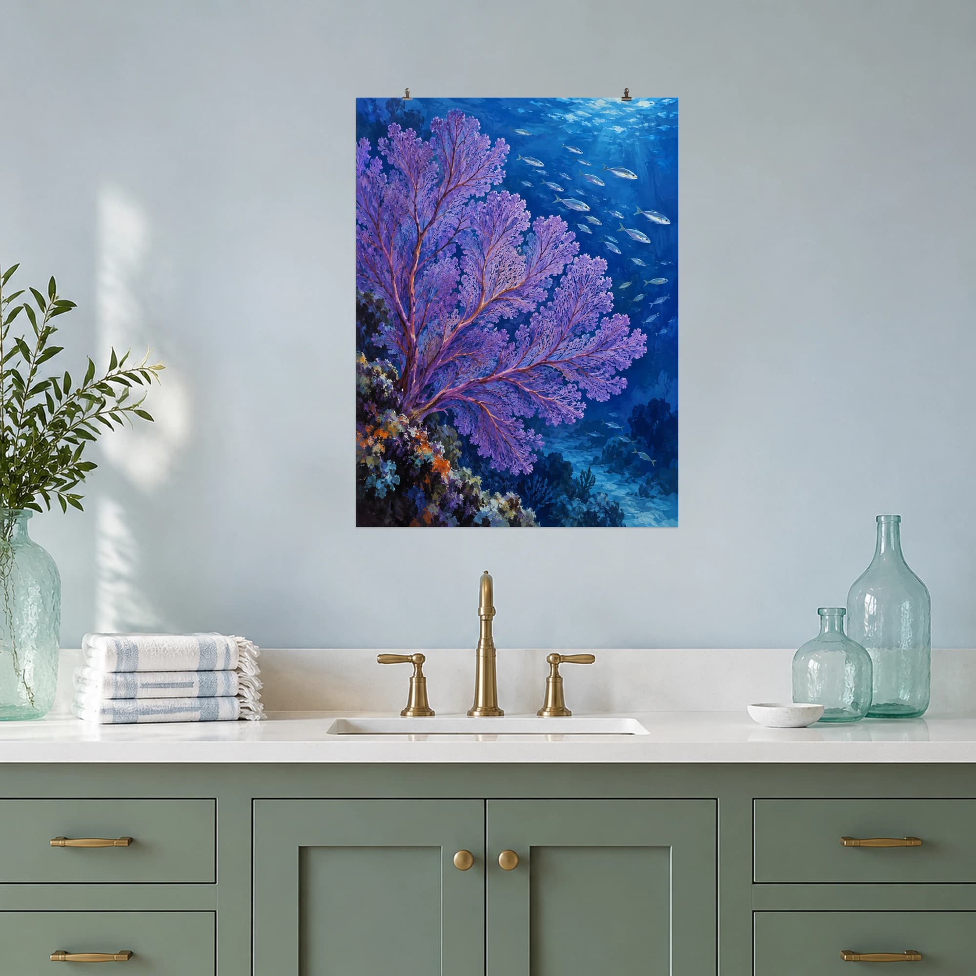 This gouache-style composition features a branching violet sea fan with small silver fish against deep blue ocean water. Expressive brushwork and carefully balanced color bring a distinctive focal point to your wall.