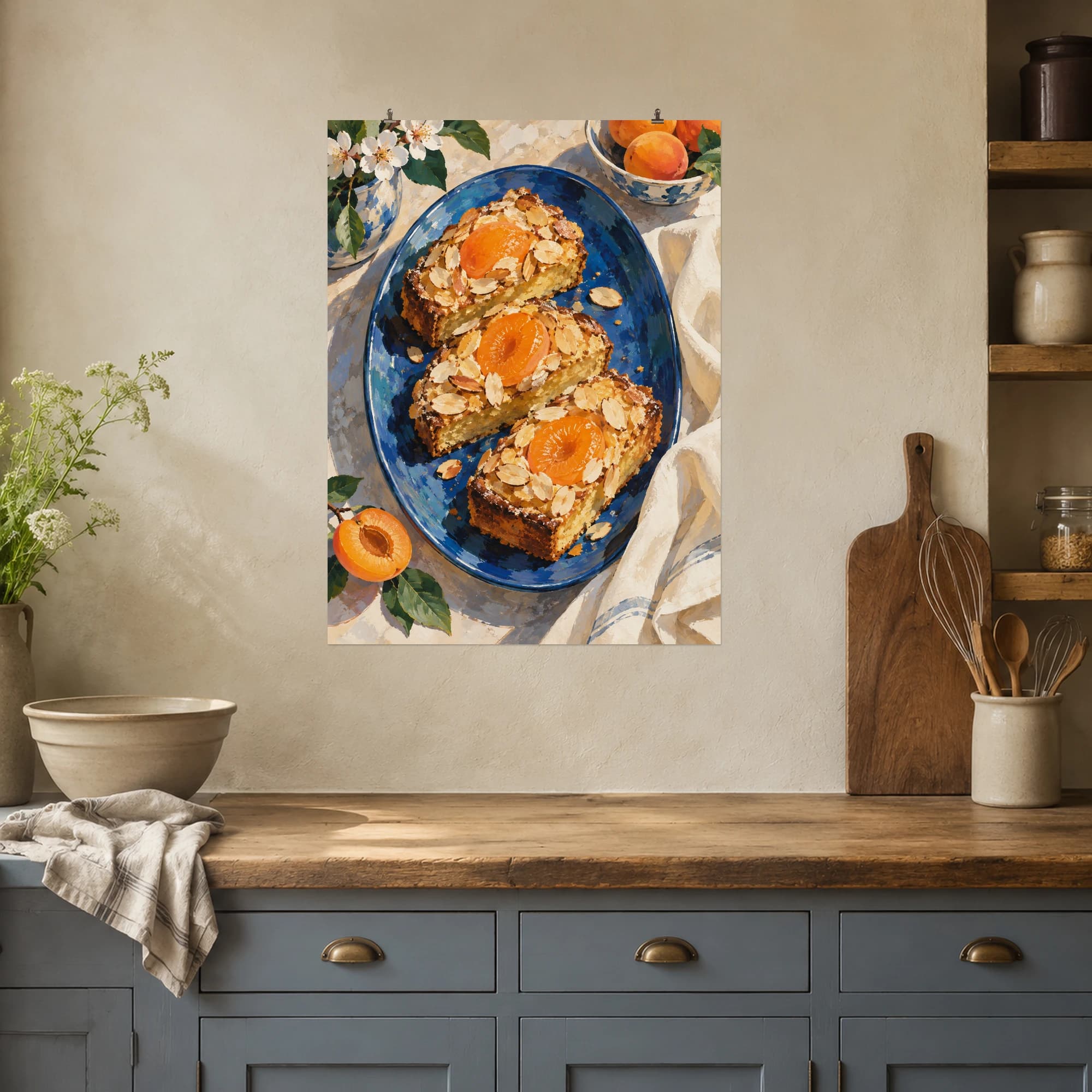 This gouache-style composition features golden almond bostock slices topped with apricot halves on a blue oval plate beside an ivory napkin. Expressive brushwork and a balanced palette bring warmth and character to your space.