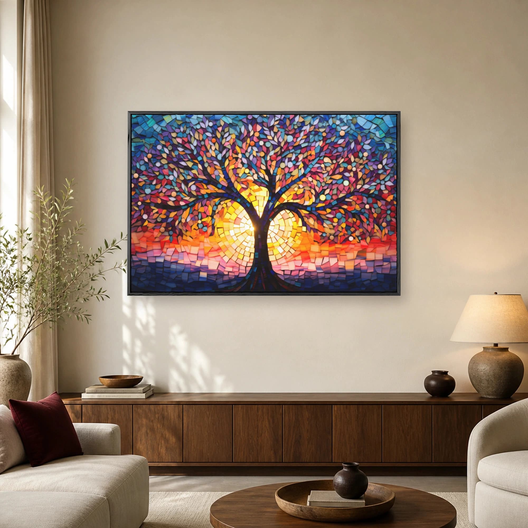 A vibrant stained glass mosaic artwork depicting a colorful tree silhouetted against a brilliant golden sunset and blue ocean horizon.
