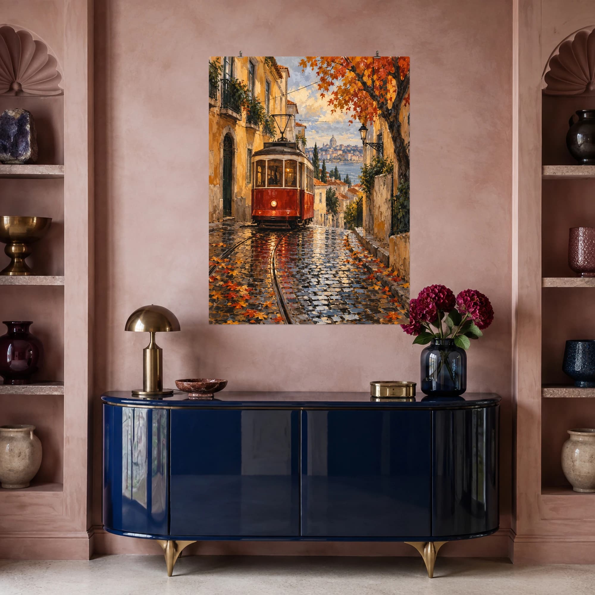 This gouache-style composition features a red vintage tram on a wet cobbled street between ochre buildings with autumn trees, no signs or lettering. Expressive brushwork and carefully balanced color bring a distinctive focal point to your wall.