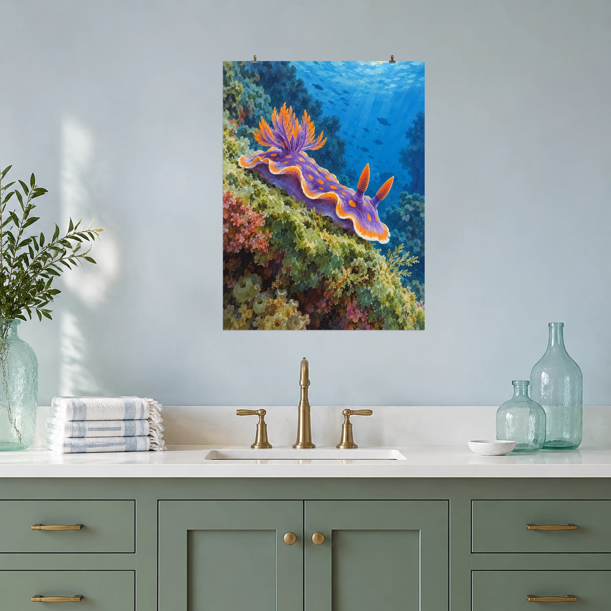 This gouache-style composition features a violet and orange nudibranch moving along a soft green reef ledge in blue water. Expressive brushwork and carefully balanced color bring a distinctive focal point to your wall.