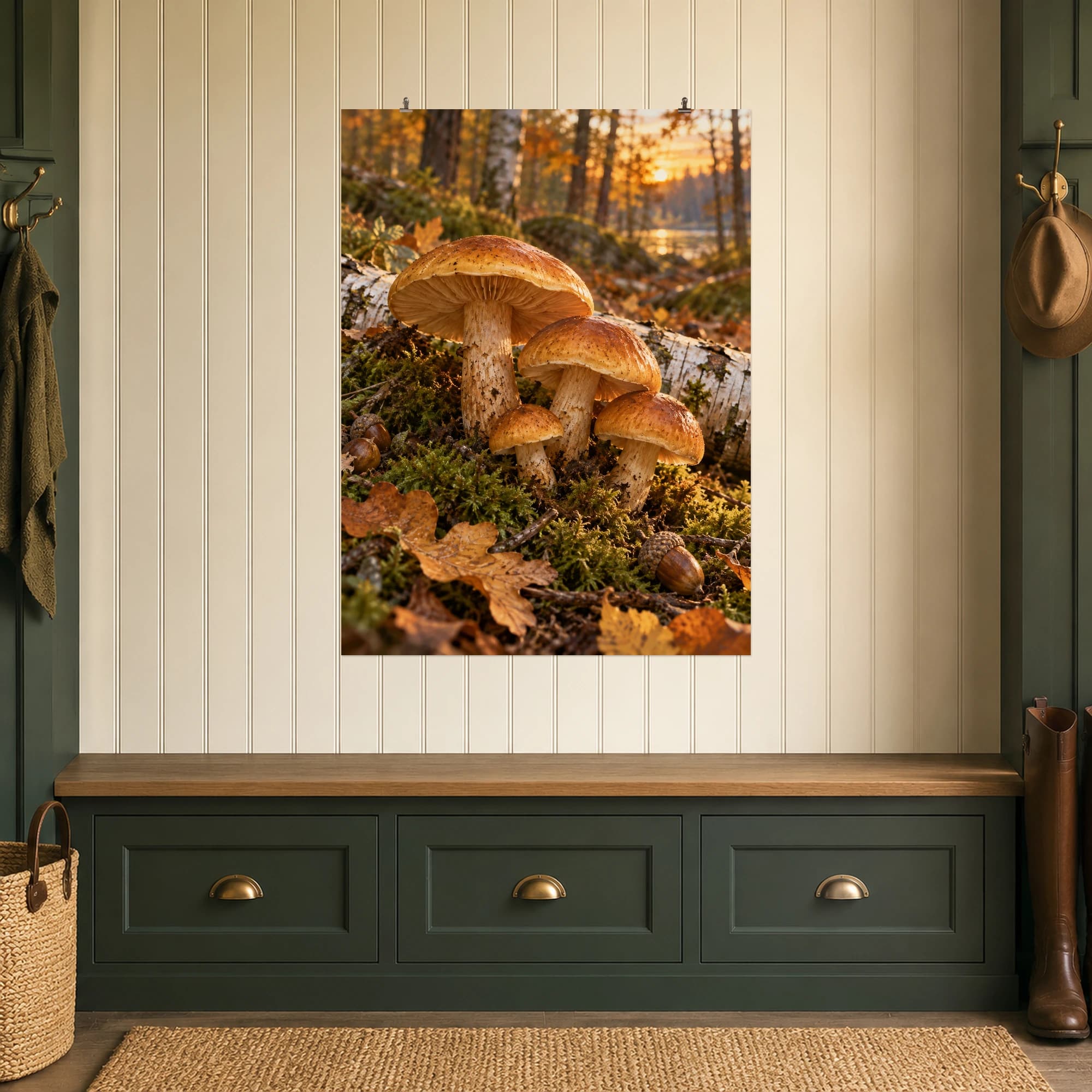 Small woodland mushrooms rise from moss beside a fallen birch branch.