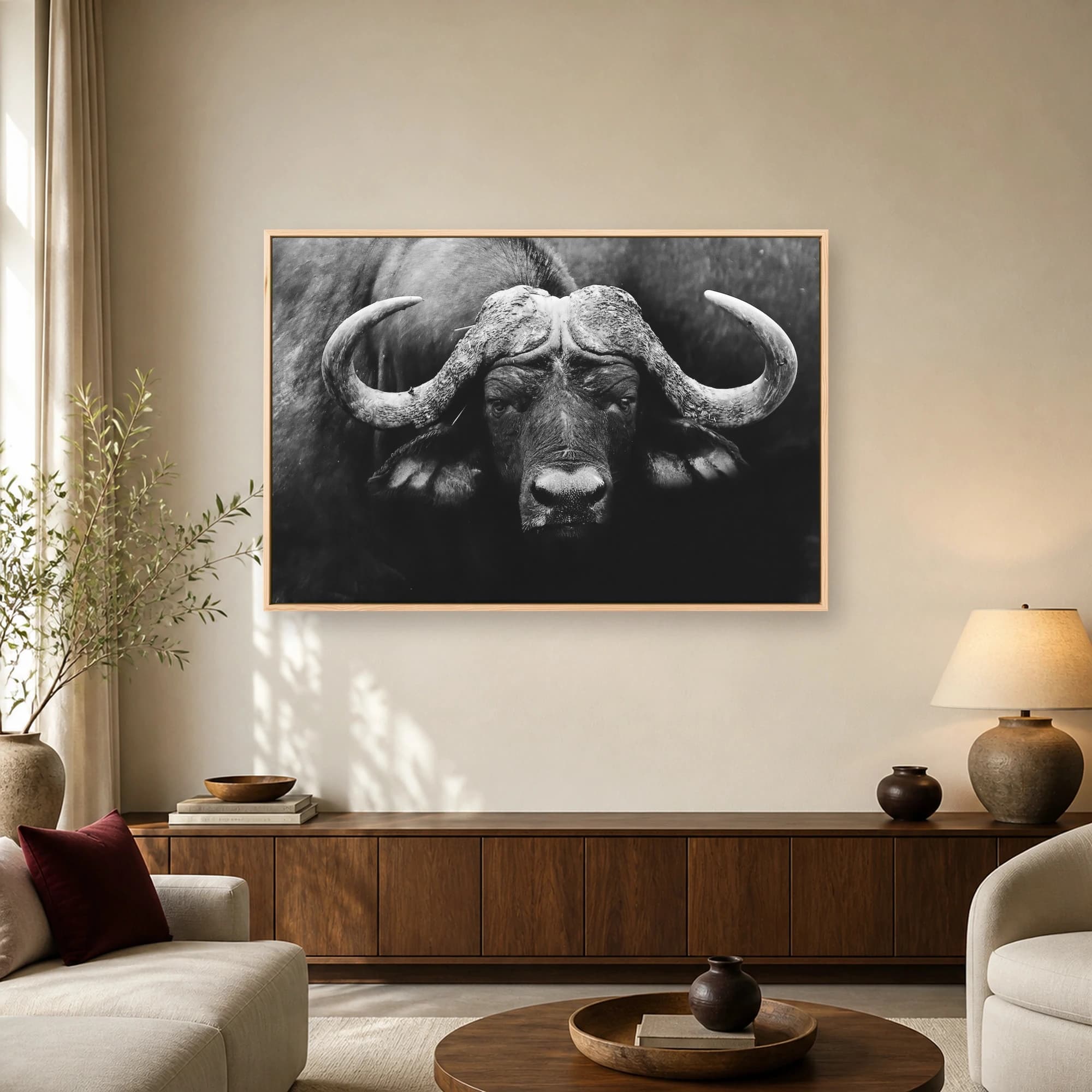 African Cape Buffalo Black and White Wildlife Wall Art, view 2