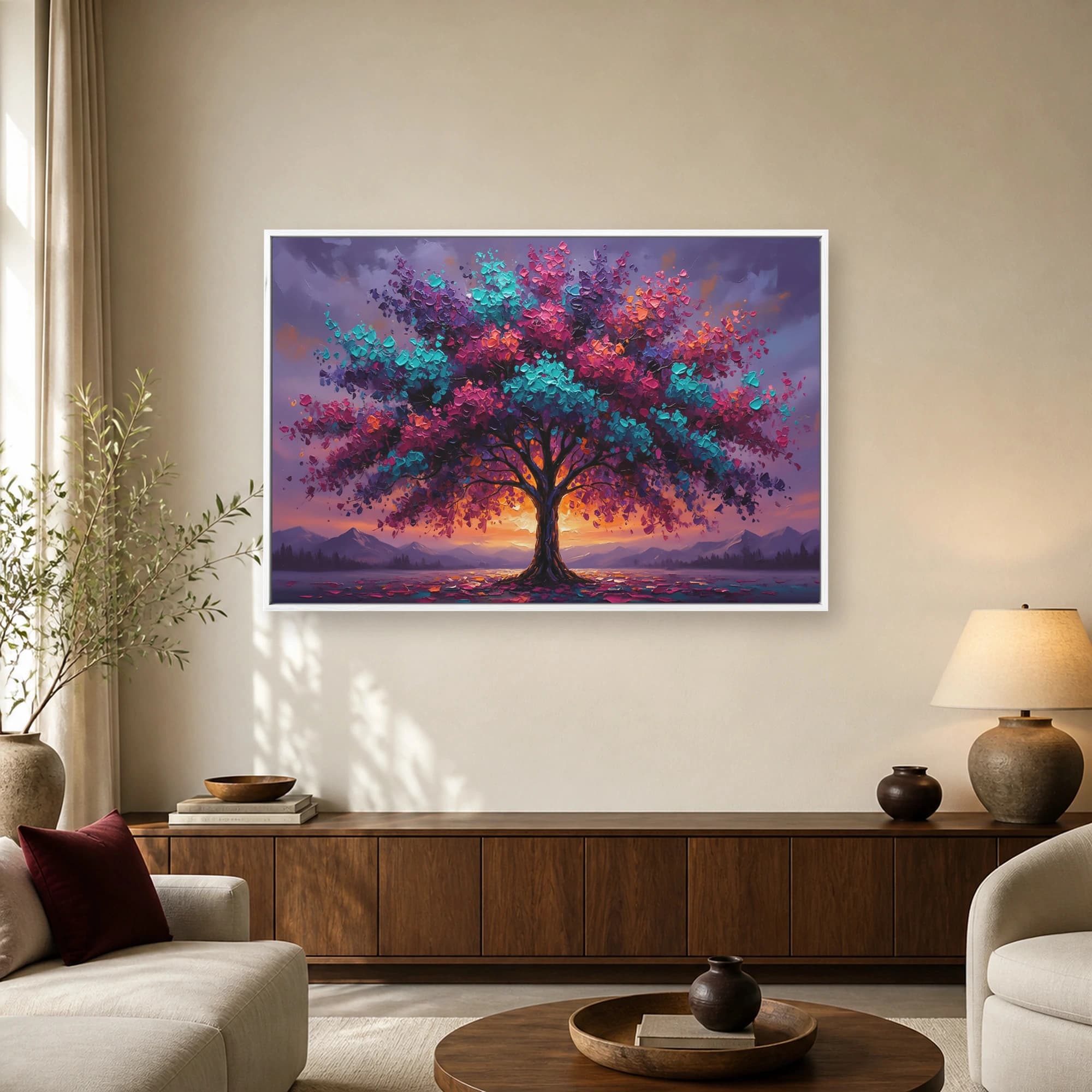 Vibrant Impasto Tree Sunset Landscape Canvas Print, view 2