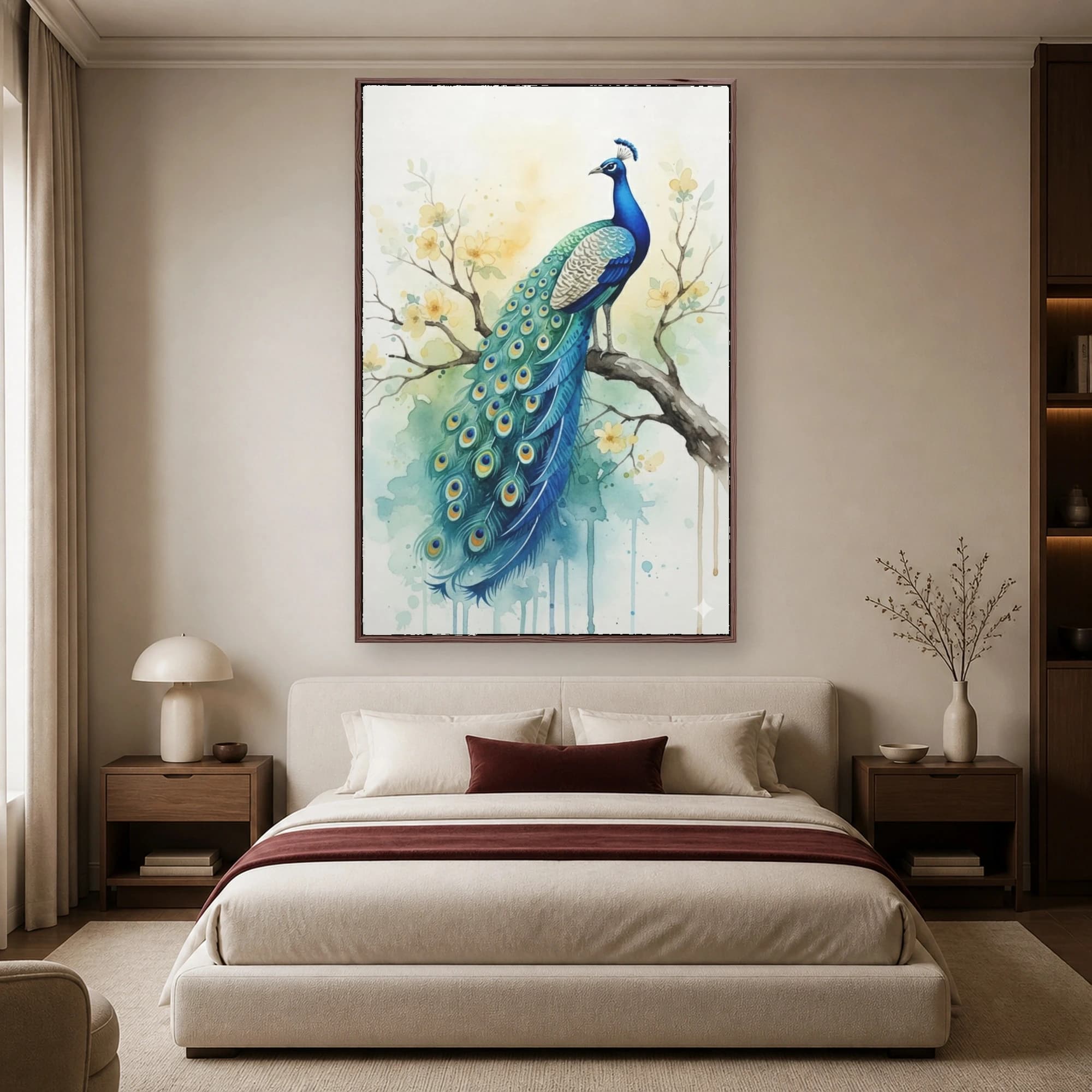 Watercolor Peacock Wall Art on Flowering Branch Canvas Print, view 3