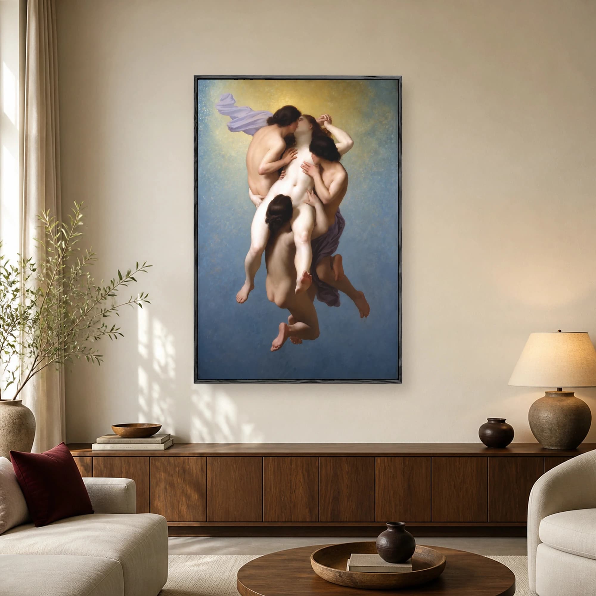 Classical painting of mythological figures lifting a reclining youth against a golden and blue celestial background