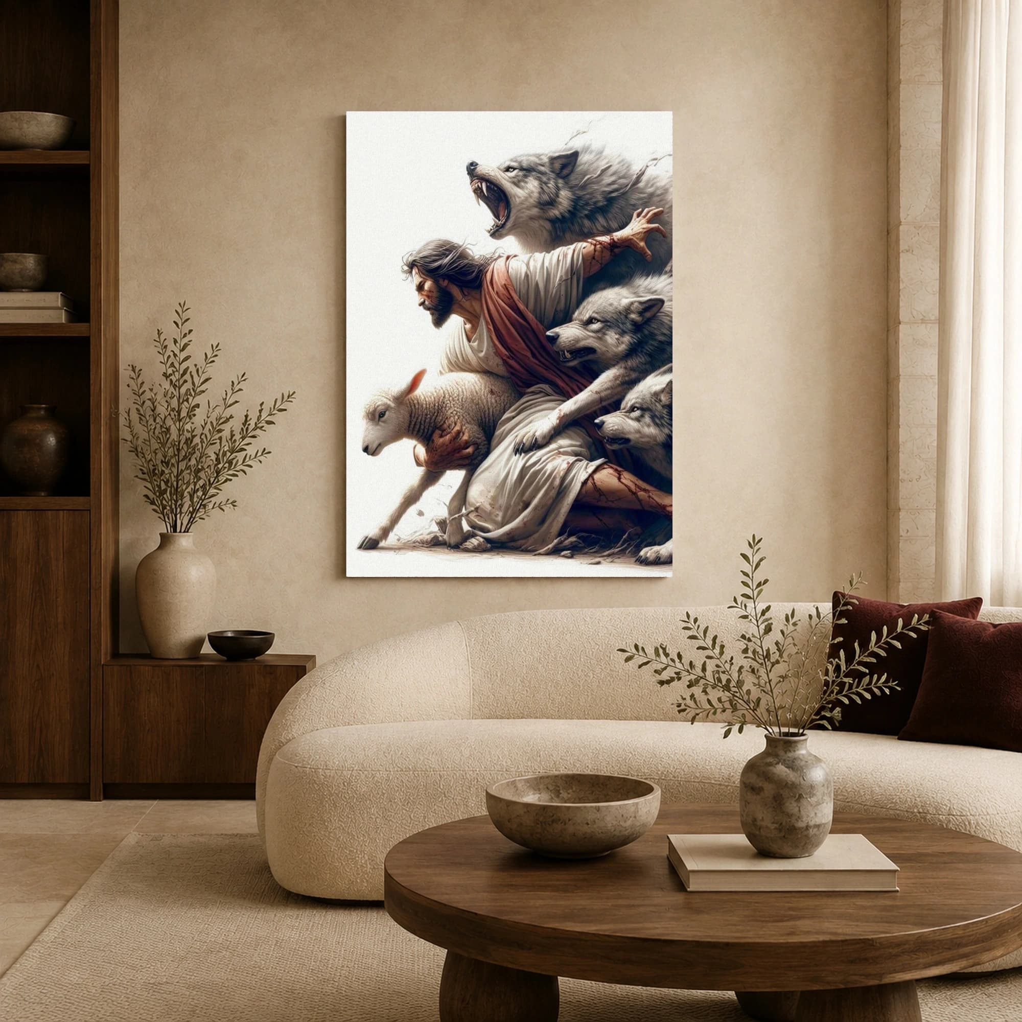 Shepherd Protecting Lamb from Wolves Canvas Print, view 5