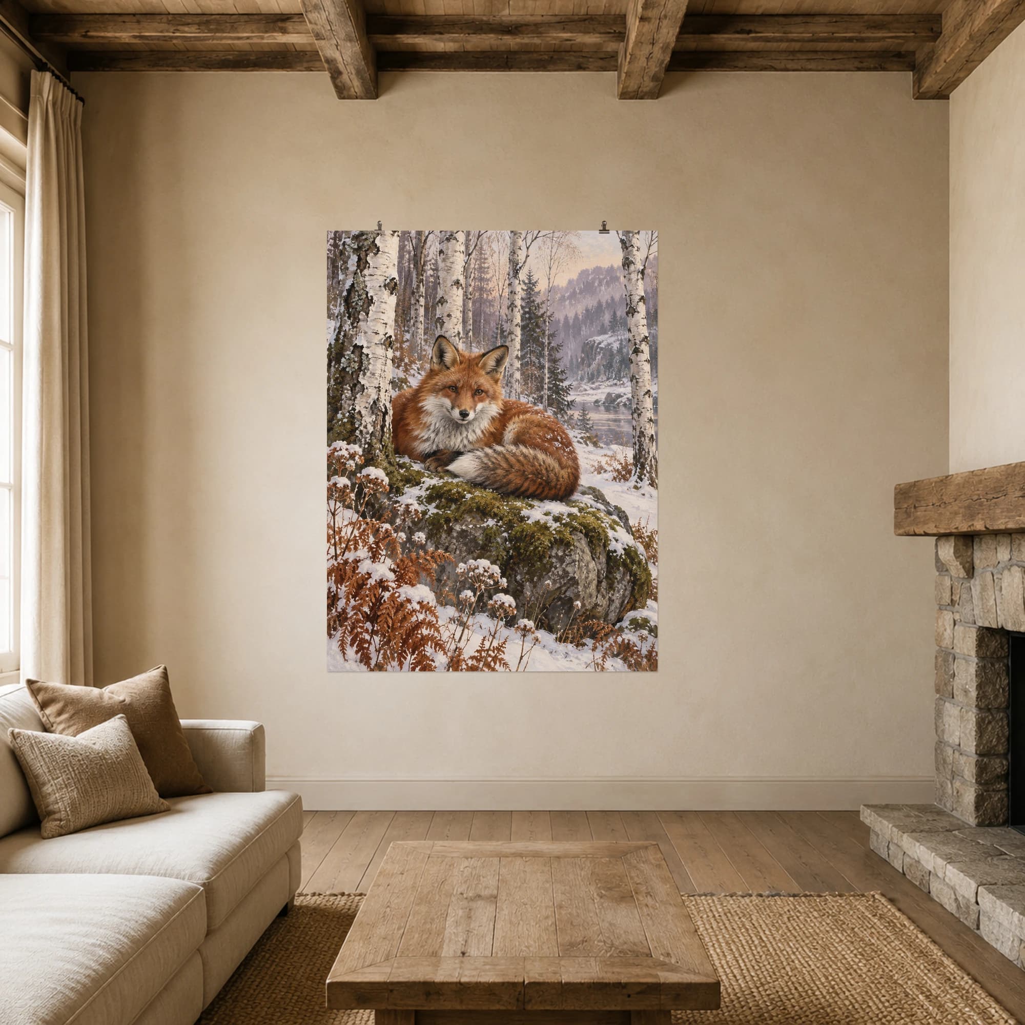 A red fox rests on a mossy stone beneath silver birches as the first snow settles. Warm fur, pale woodland light and rust-colored bracken create a peaceful winter scene.