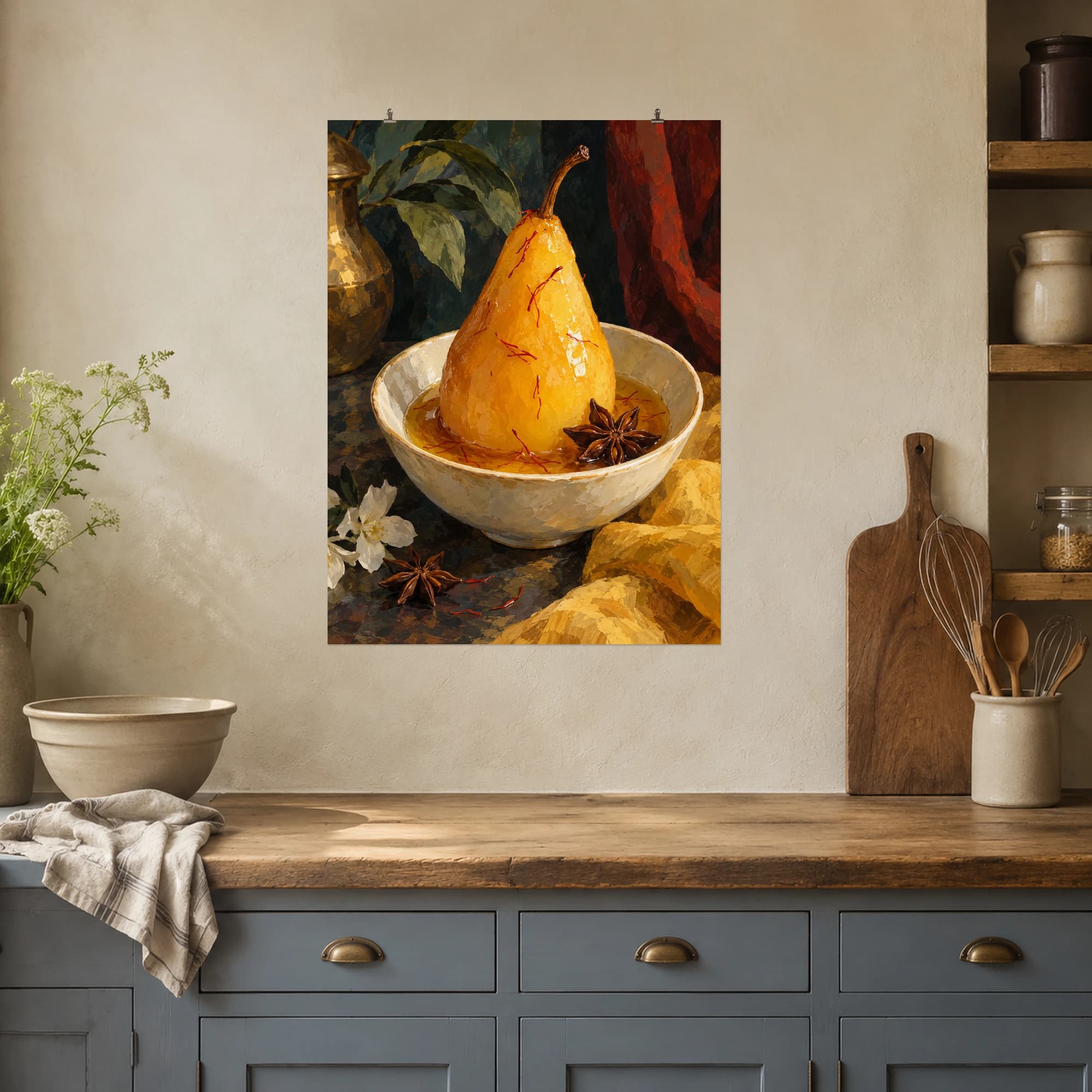 This gouache-style composition features a saffron poached pear standing in a small ivory bowl with golden syrup and star anise. Expressive brushwork and carefully balanced color bring a distinctive focal point to your wall.
