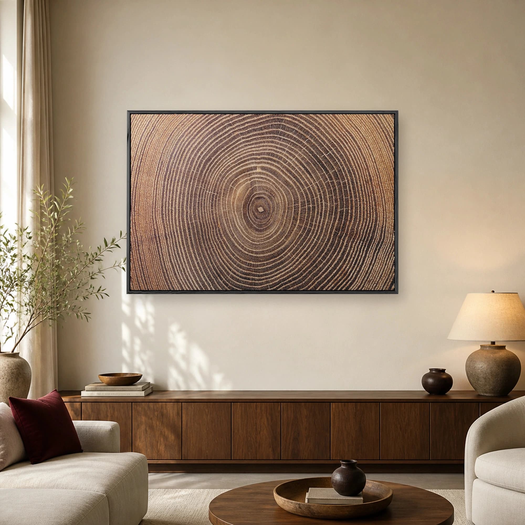 Macro photograph of a tree trunk cross-section showing detailed concentric wooden growth rings in warm brown and beige tones.