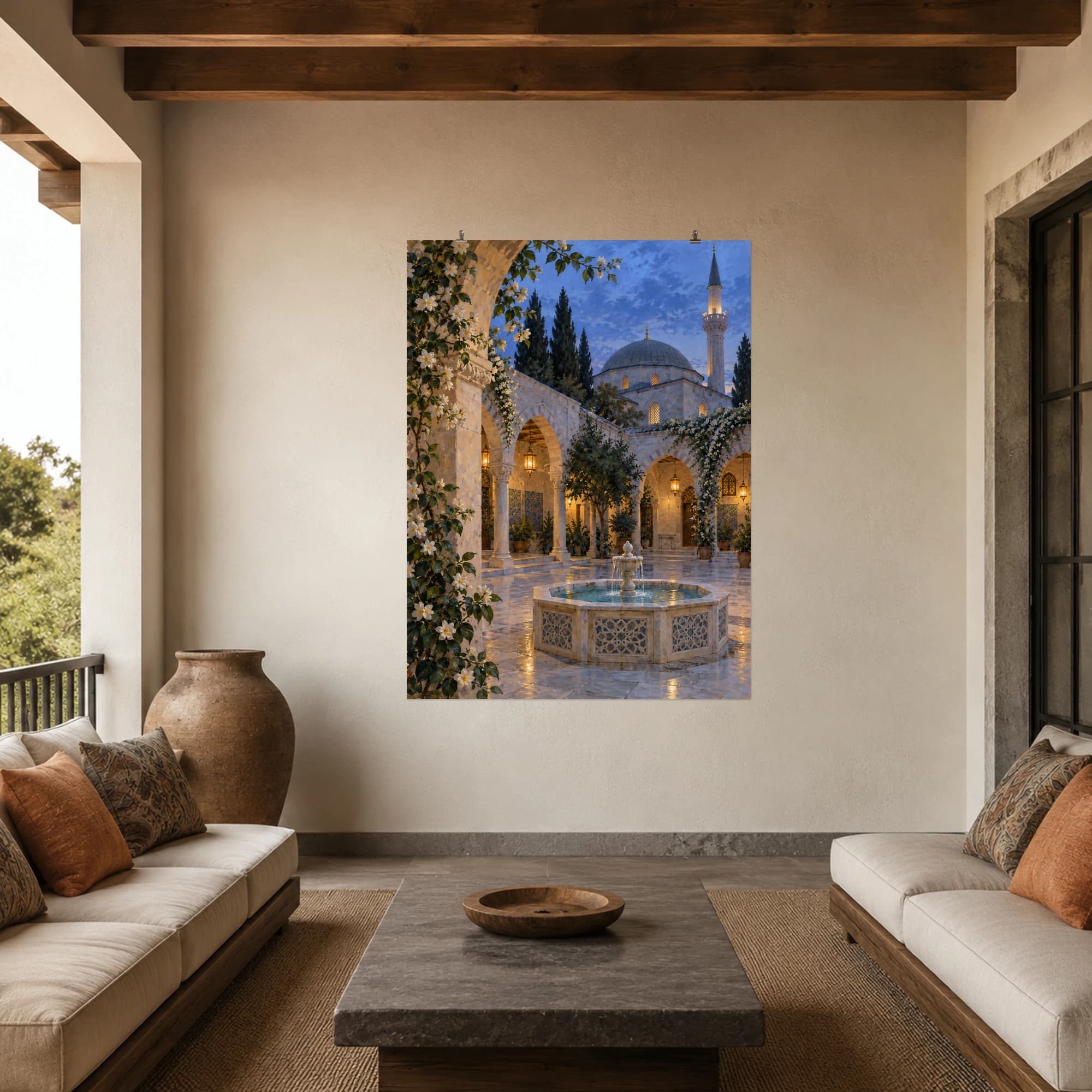 A courtyard fountain glows beneath evening light, surrounded by architectural detail and jasmine. Cool blues and warm illumination create a peaceful atmosphere.