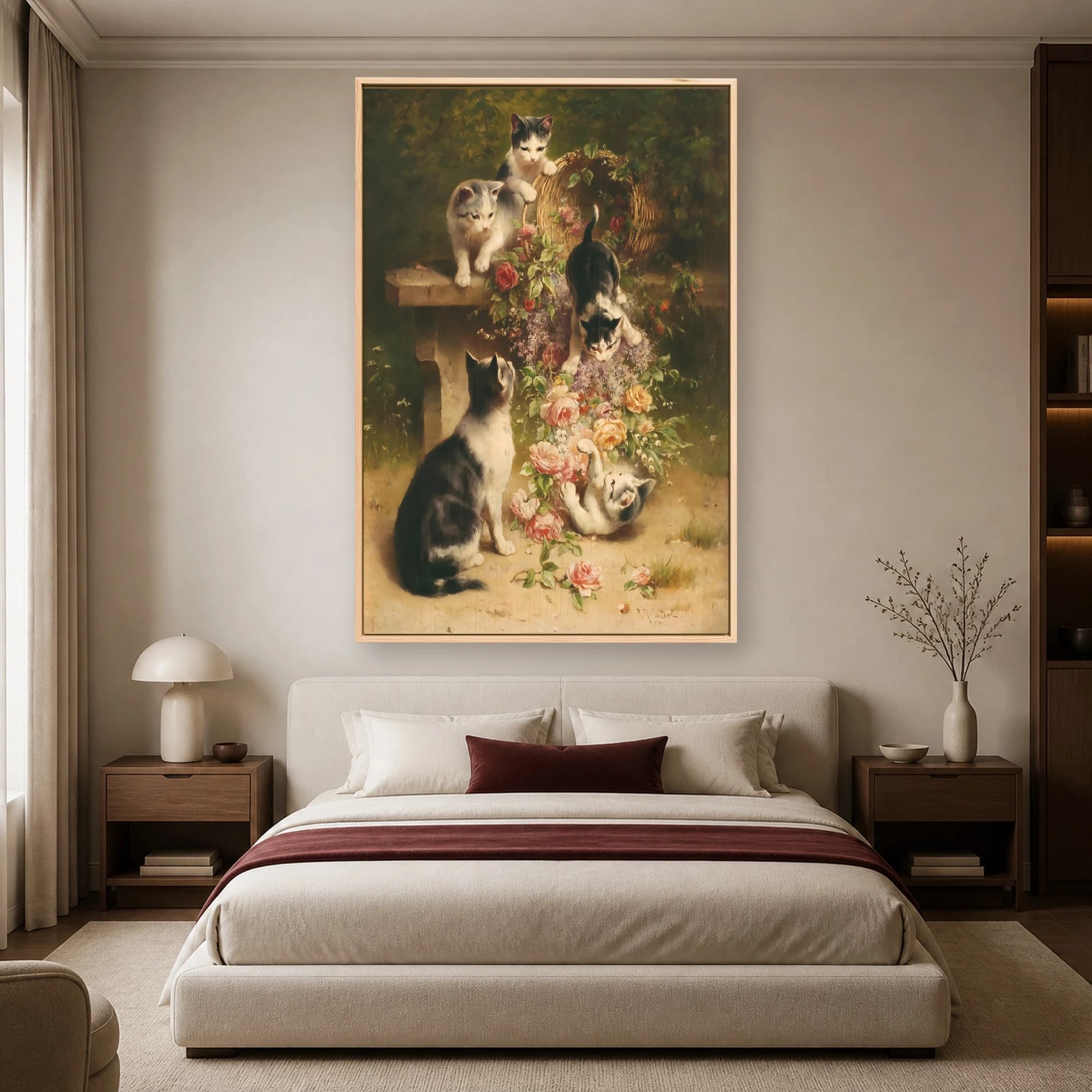 Playful Kittens and Roses Vintage Canvas Art Print, view 6