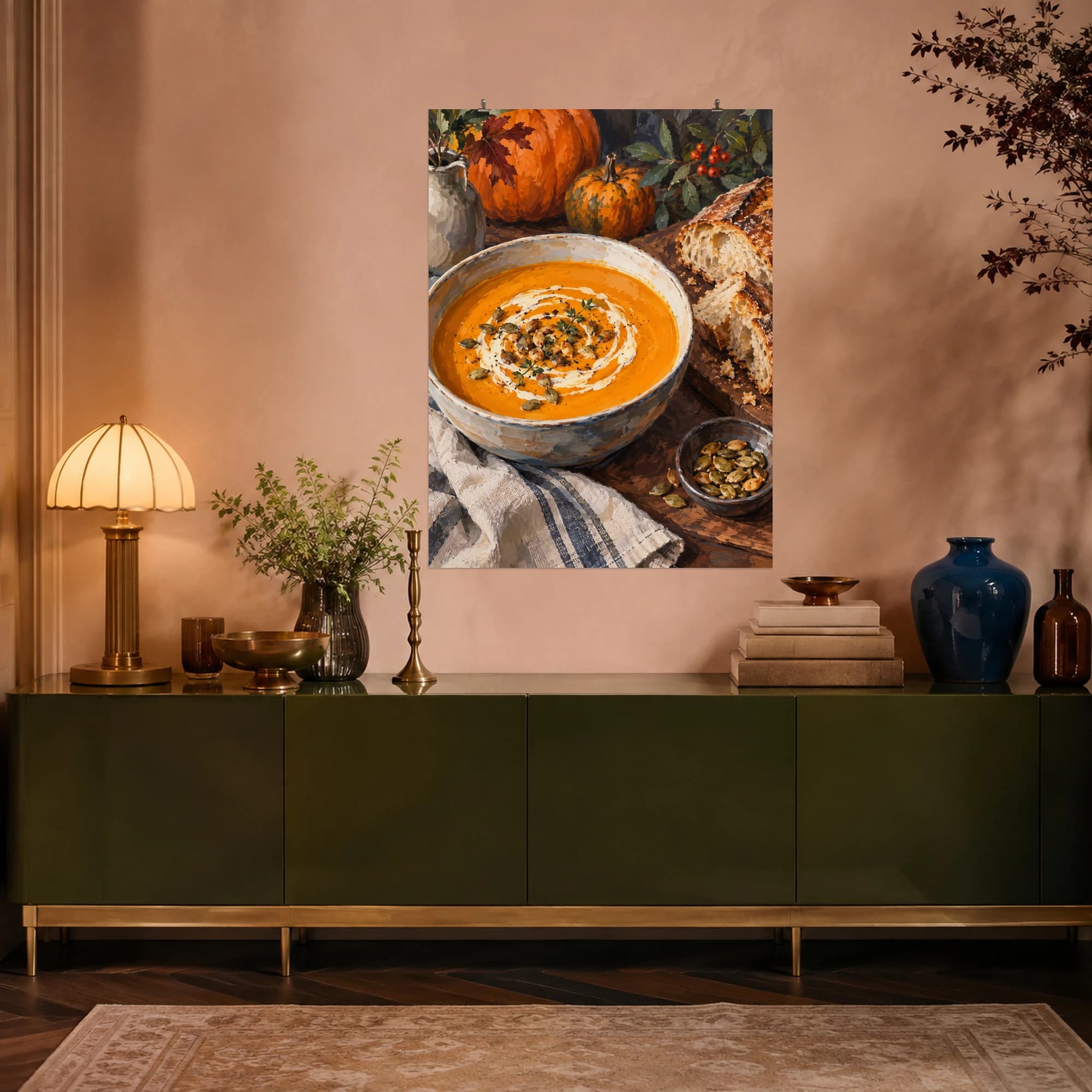 This gouache-style composition features a bowl of orange pumpkin soup with a swirl of cream and toasted seeds beside a rustic loaf. Expressive brushwork and a balanced palette bring warmth and character to your space.