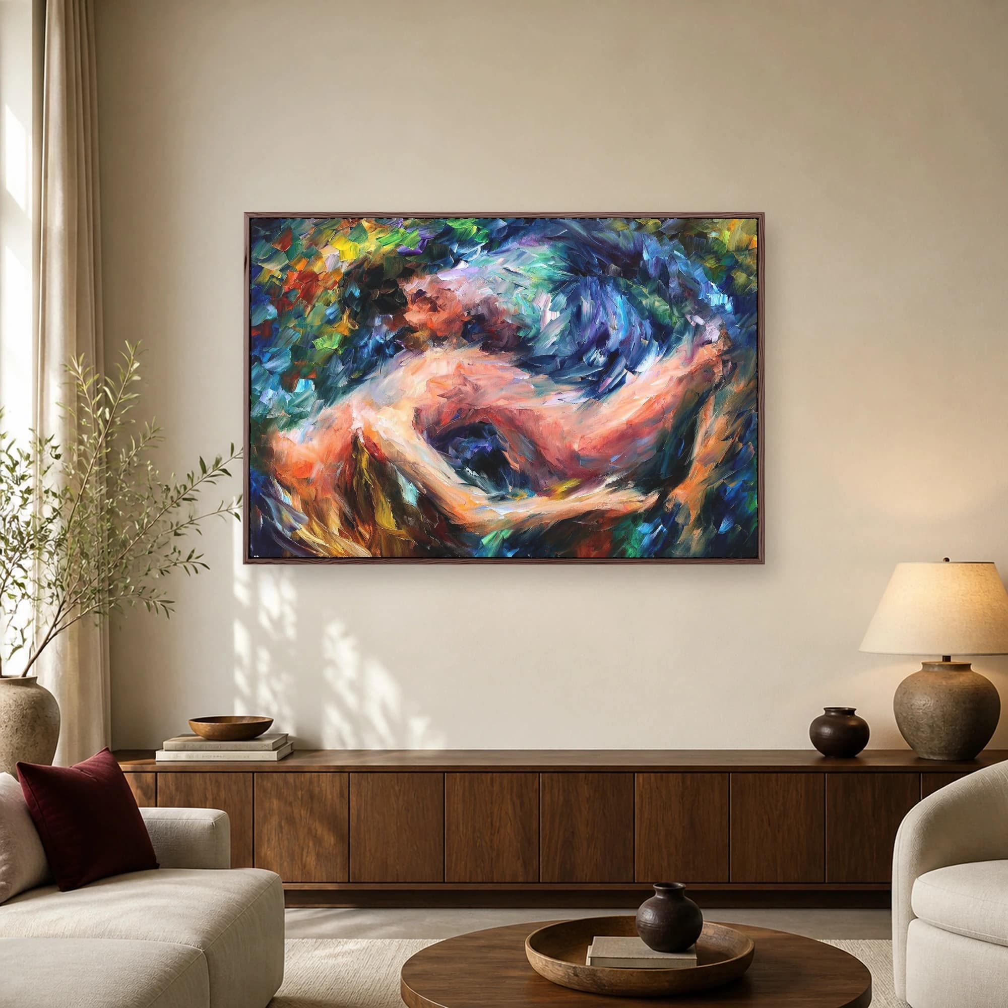 Abstract painting featuring intertwined figures in an embrace rendered with thick impasto brushstrokes in blue, peach, and gold tones.