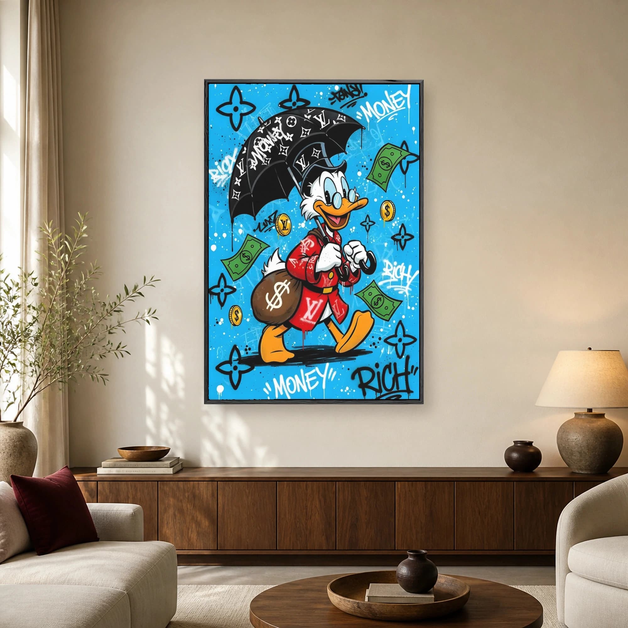 Pop art illustration of Scrooge McDuck walking with a luxury monogram umbrella under falling money against a blue graffiti background
