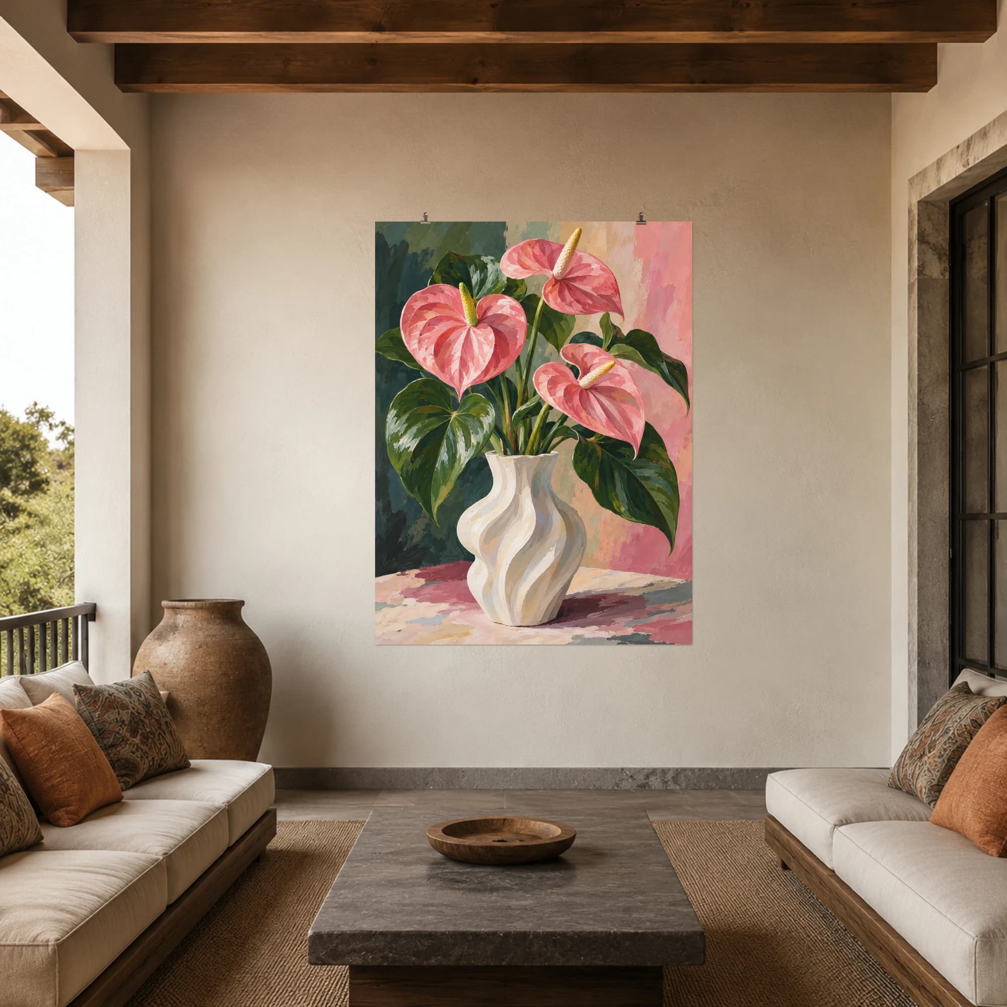 This gouache-style composition features rose pink anthurium flowers with heart shaped glossy leaves in a white sculptural vase. Expressive brushwork and carefully balanced color bring a distinctive focal point to your wall.