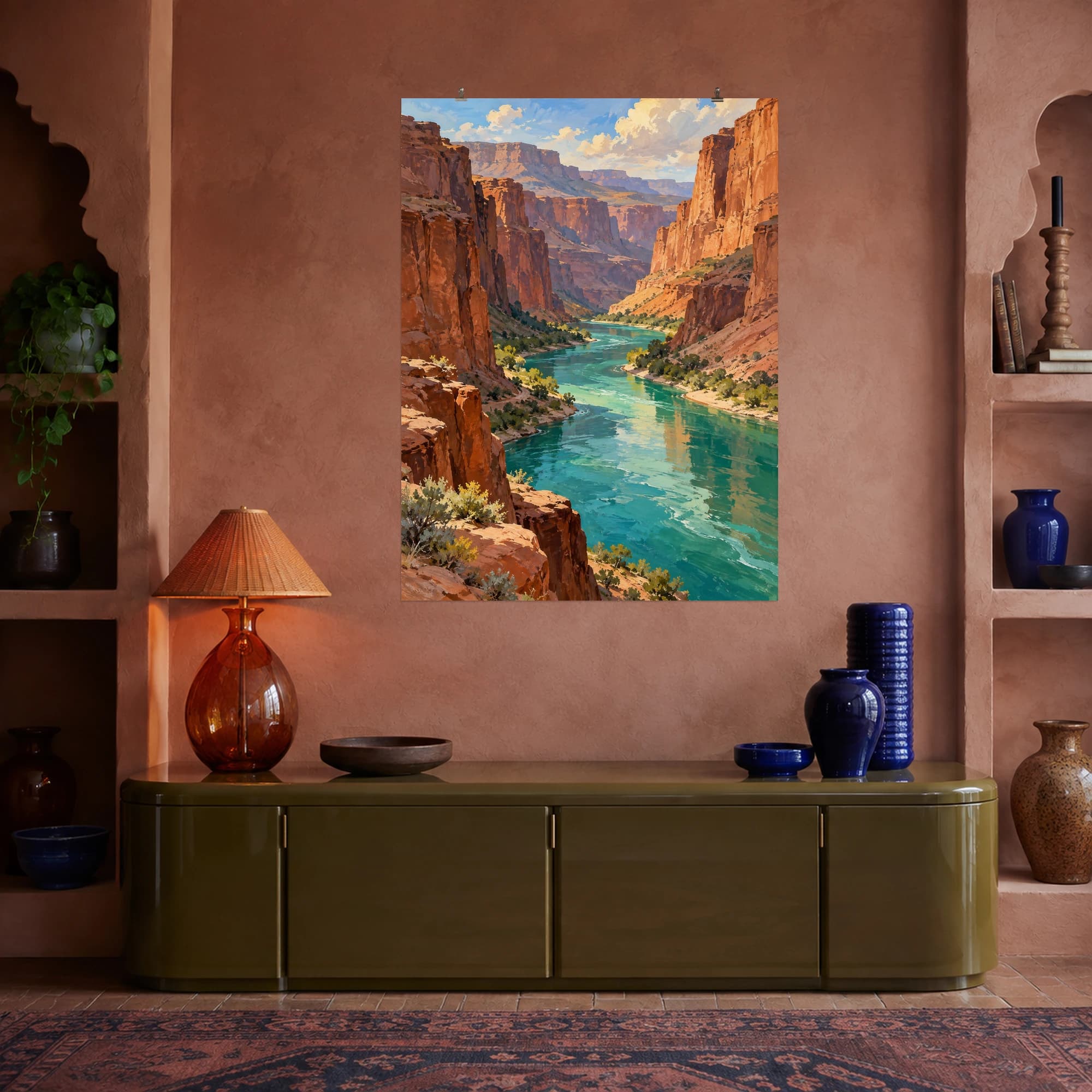 This gouache-style composition features a turquoise river winding through tall rust colored canyon walls in warm afternoon light. Expressive brushwork and carefully balanced color bring a distinctive focal point to your wall.