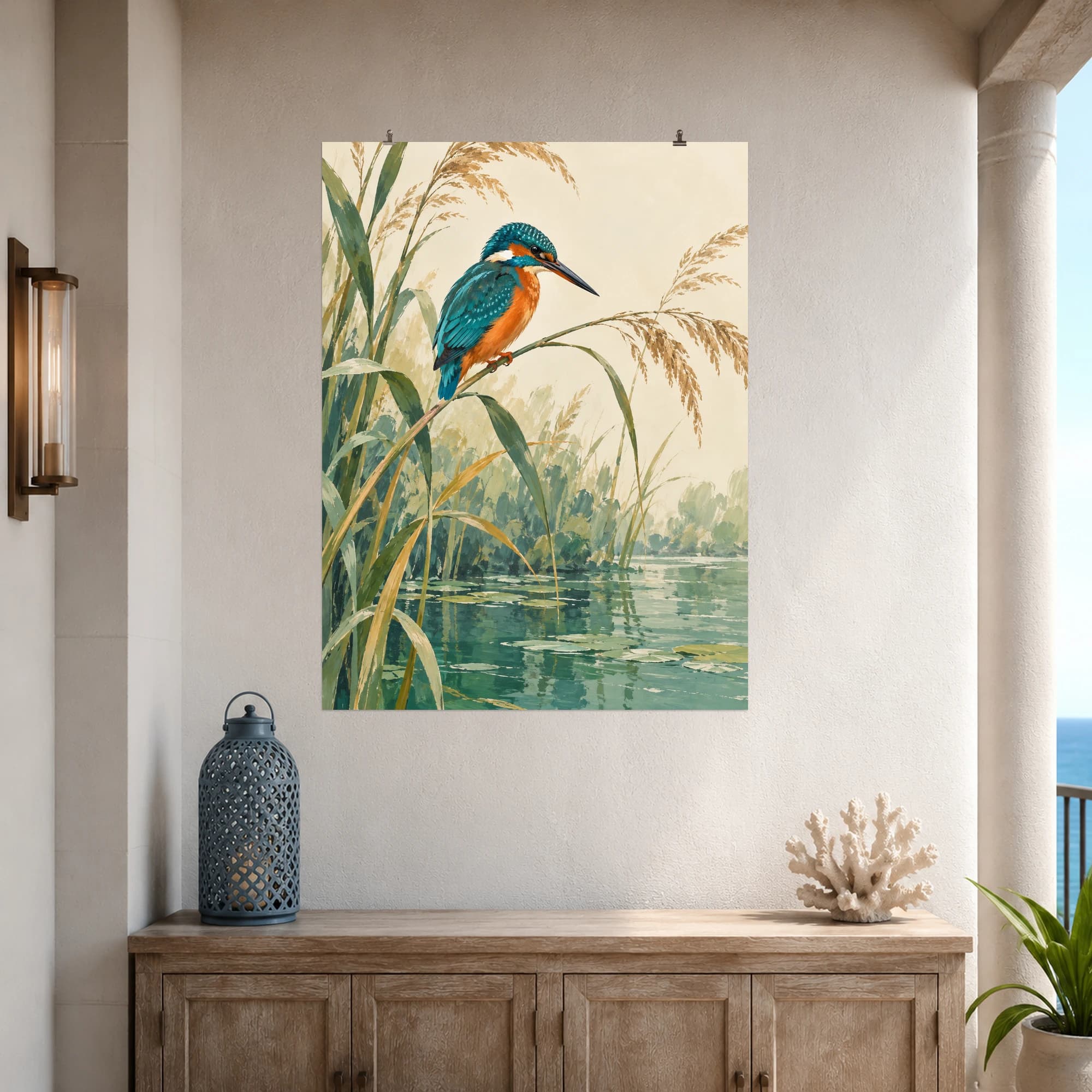 A turquoise kingfisher rests among graceful reeds above jade water. Cream and sage tones give the vivid little bird a calm, airy setting.