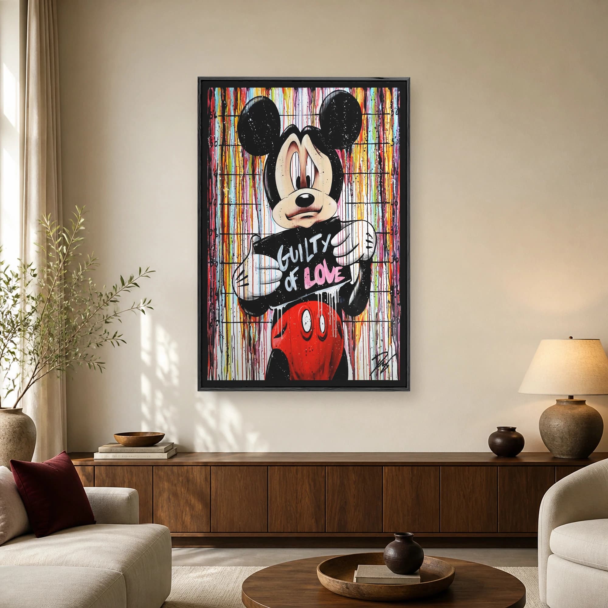 Pop art painting of Mickey Mouse in a mugshot holding a sign reading Guilty of Love against a colorful dripping background.
