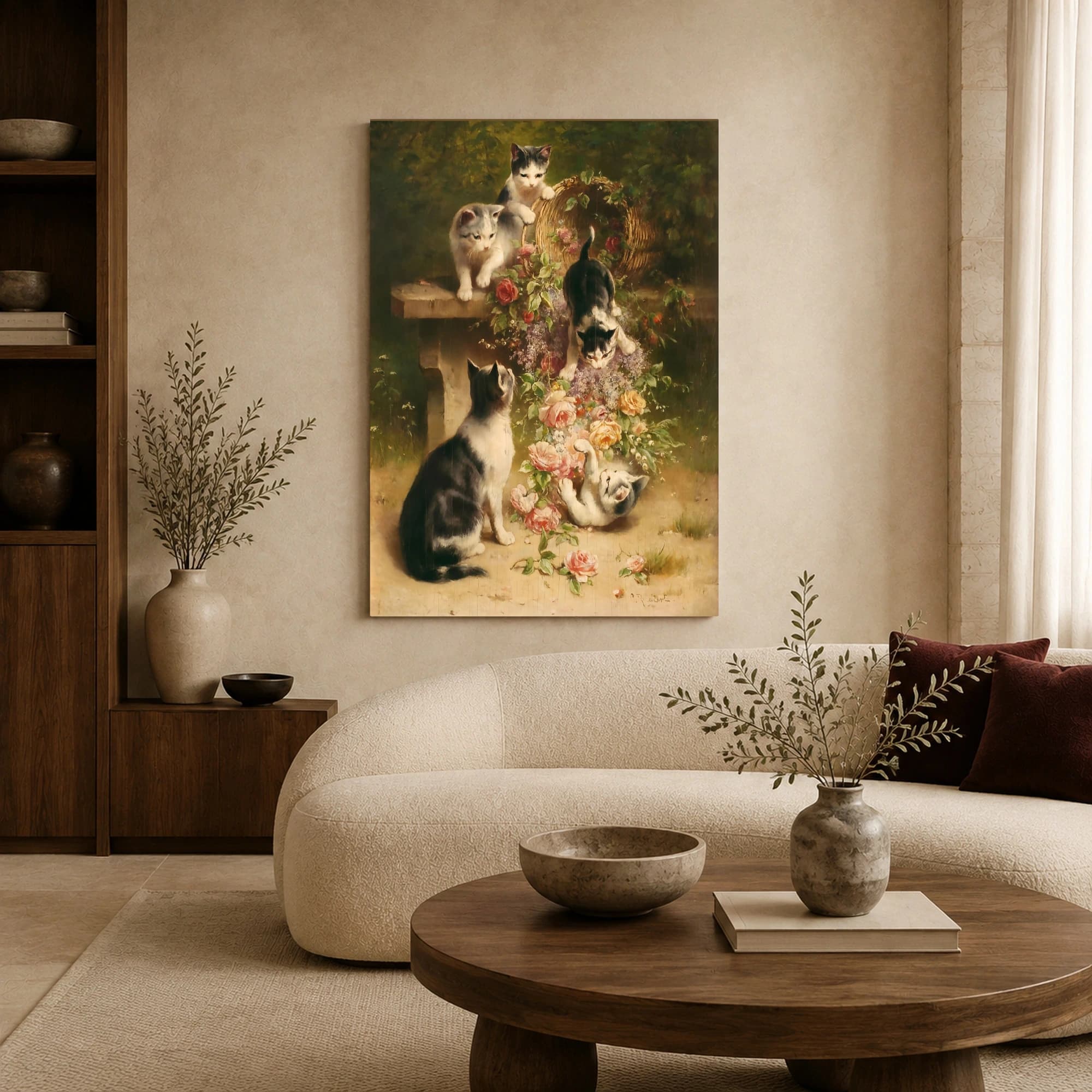 Playful Kittens and Roses Vintage Canvas Art Print, view 7