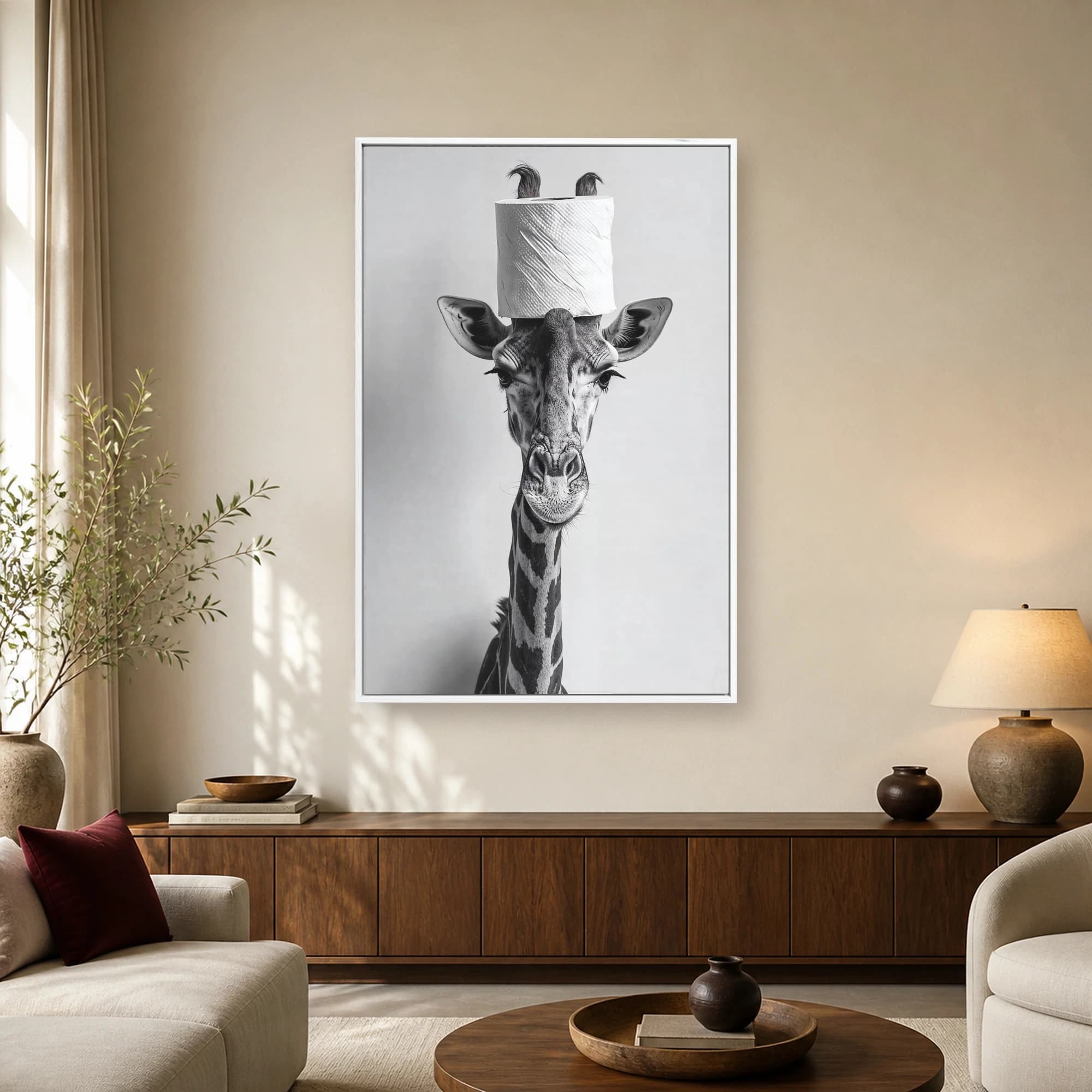 Giraffe with Toilet Paper Roll Funny Animal Wall Art, view 2