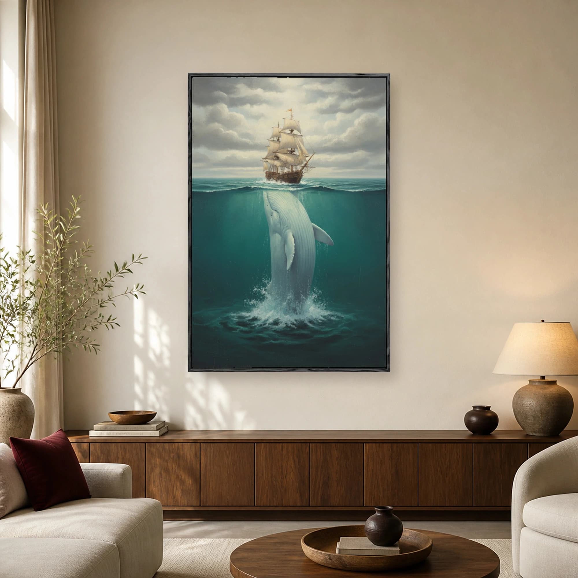 A large white whale surfacing vertically from deep teal water beneath a classic sailing ship on the horizon under a cloudy sky.