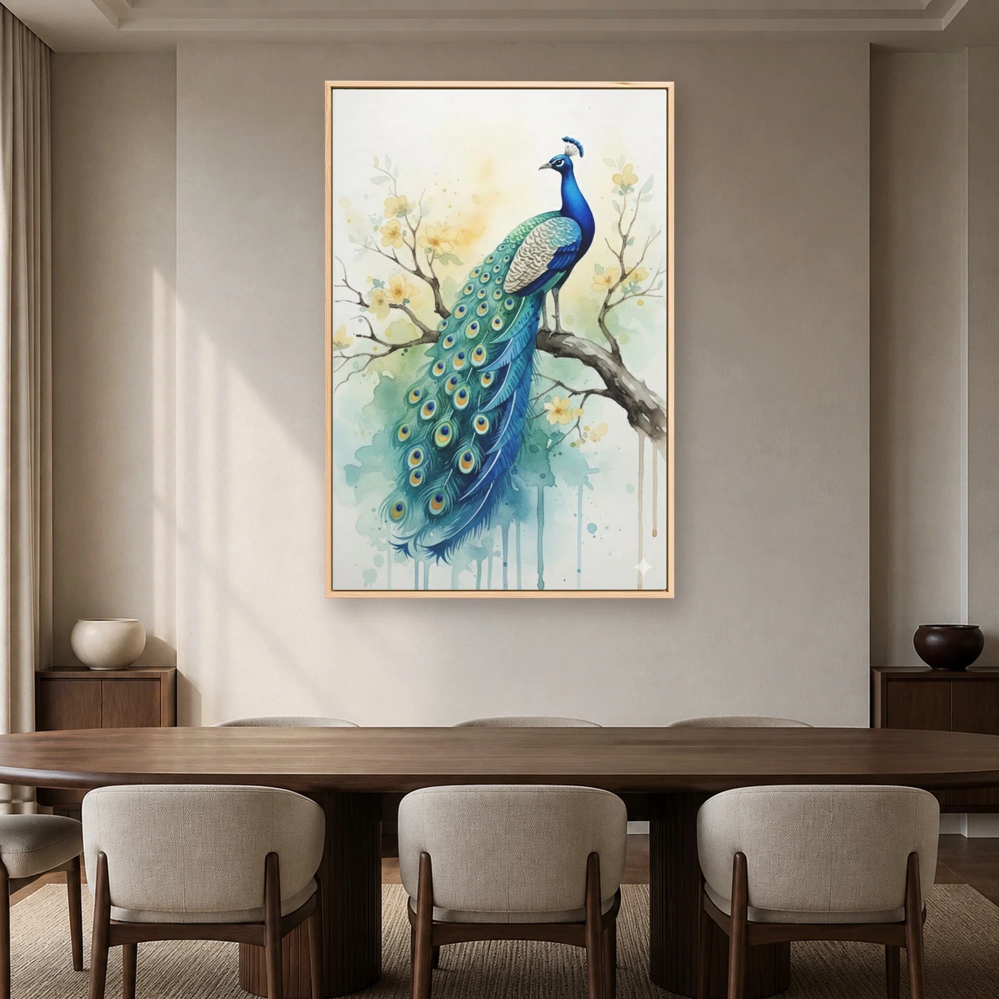 Watercolor Peacock Wall Art on Flowering Branch Canvas Print, view 5