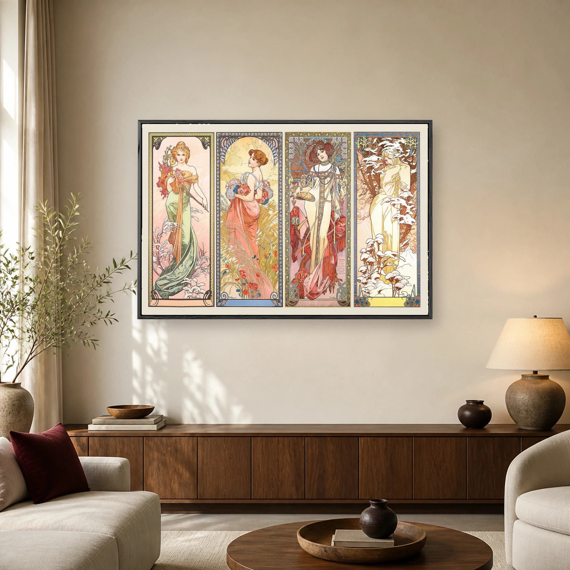 The Four Seasons multi-panel Art Nouveau print by Alphonse Mucha showing four allegorical female figures representing spring, summer, autumn, and winter with ornate floral borders.