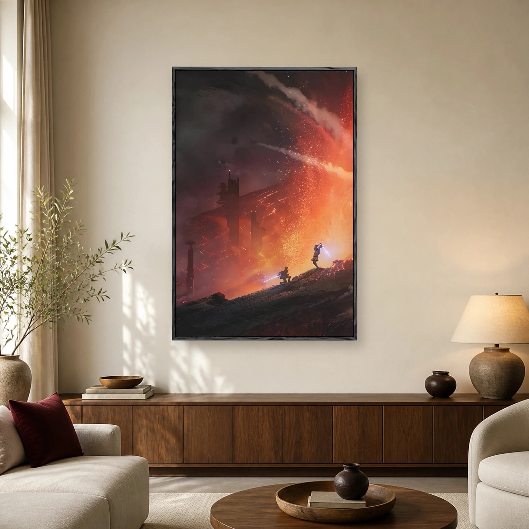 Cinematic sci-fi art print depicting two figures fighting with glowing lightsabers on a volcanic planet with industrial towers and glowing magma.