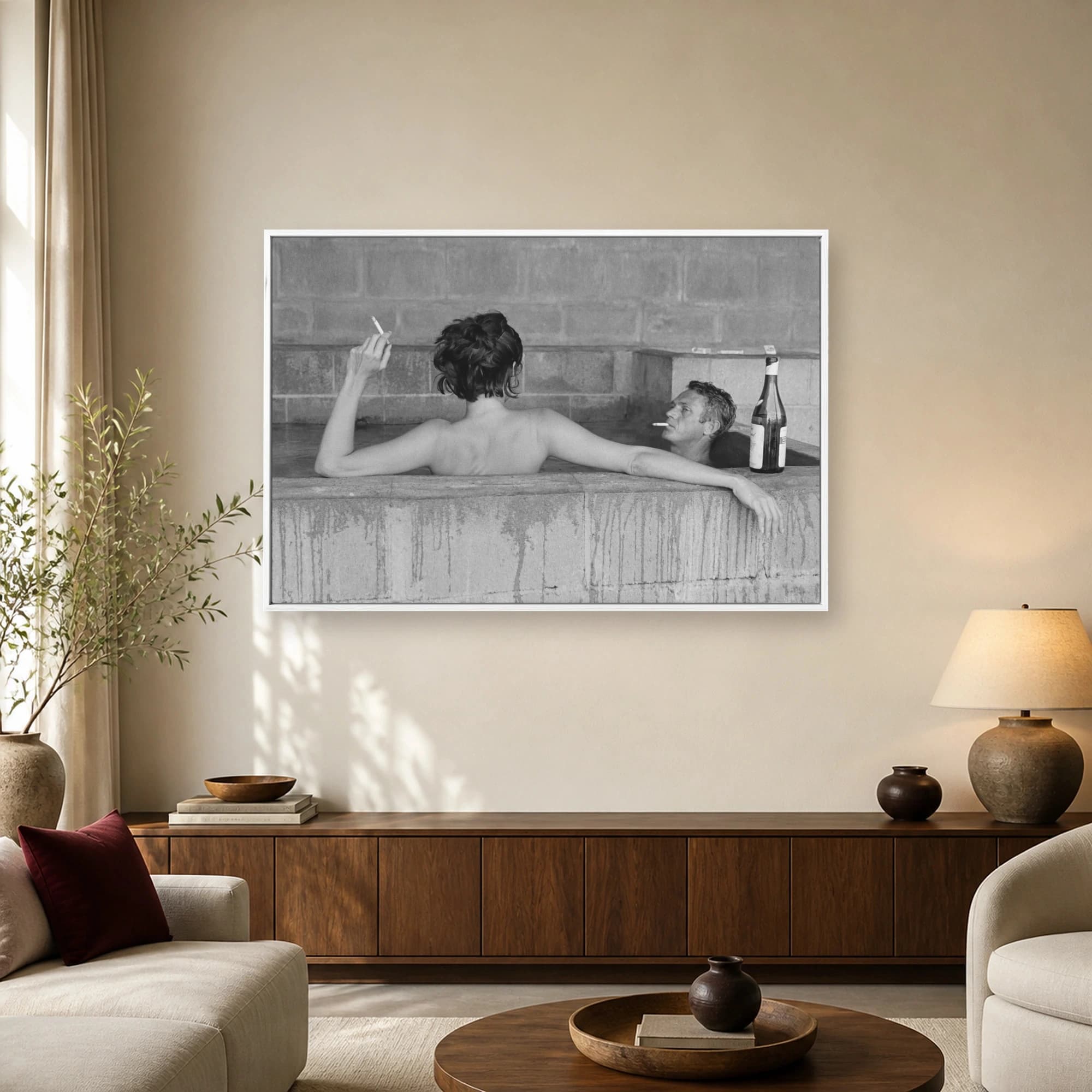 Steve McQueen & Neile Adams Vintage Hot Tub Black & White Wall Art, view 2