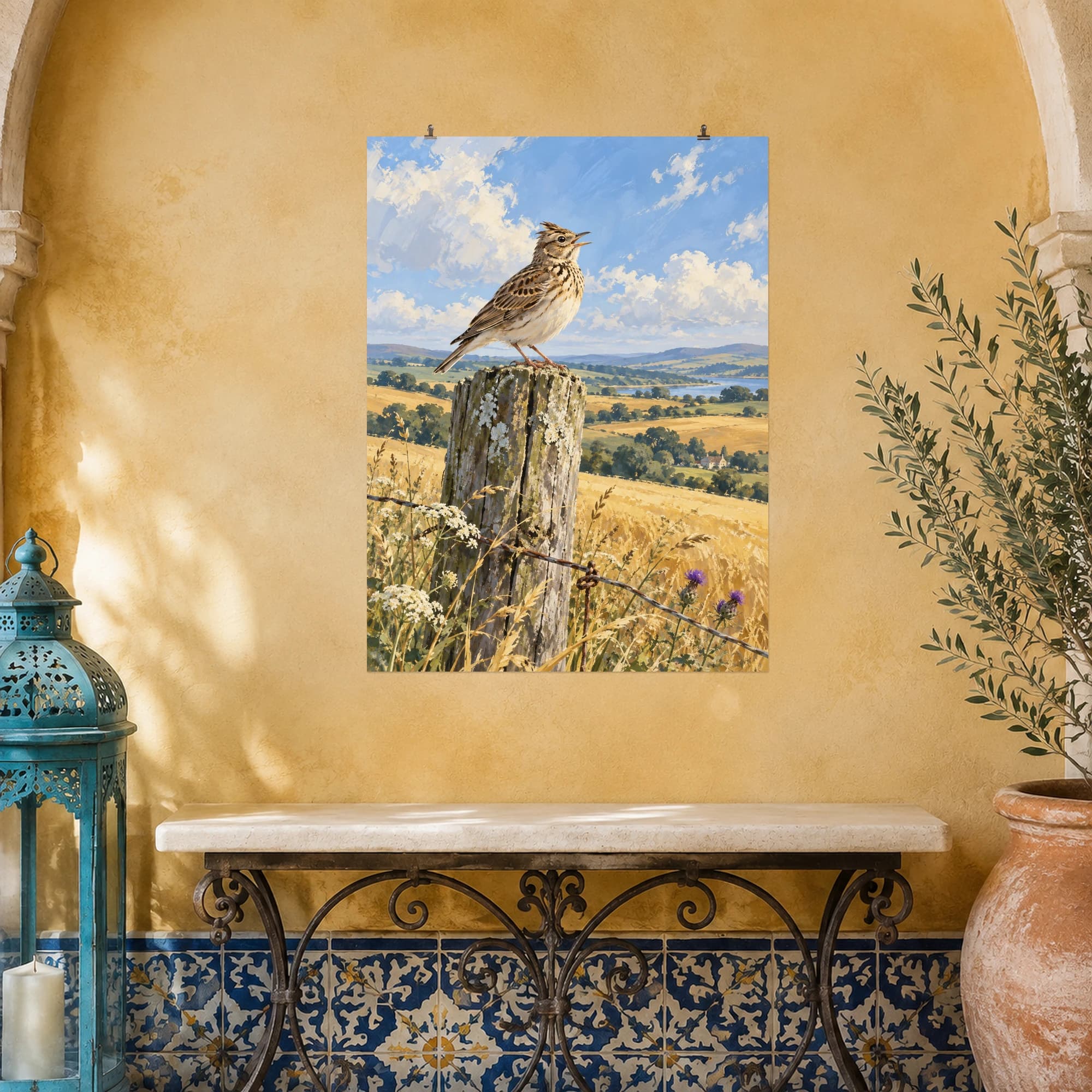 A skylark rests above golden fields beneath an open summer sky.