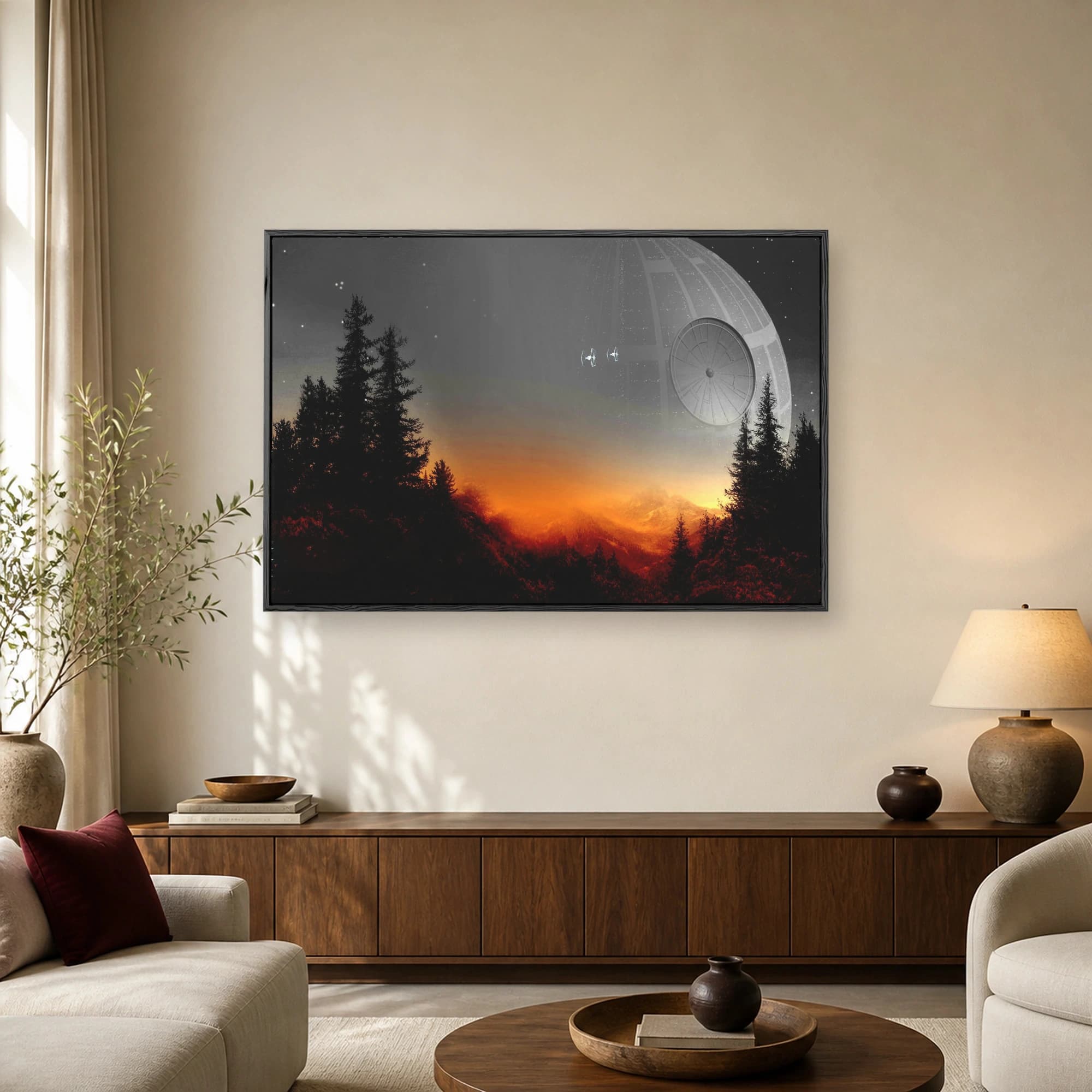 A colossal spherical space station and two TIE fighters loom over a dark pine forest and a glowing sunset mountain landscape.
