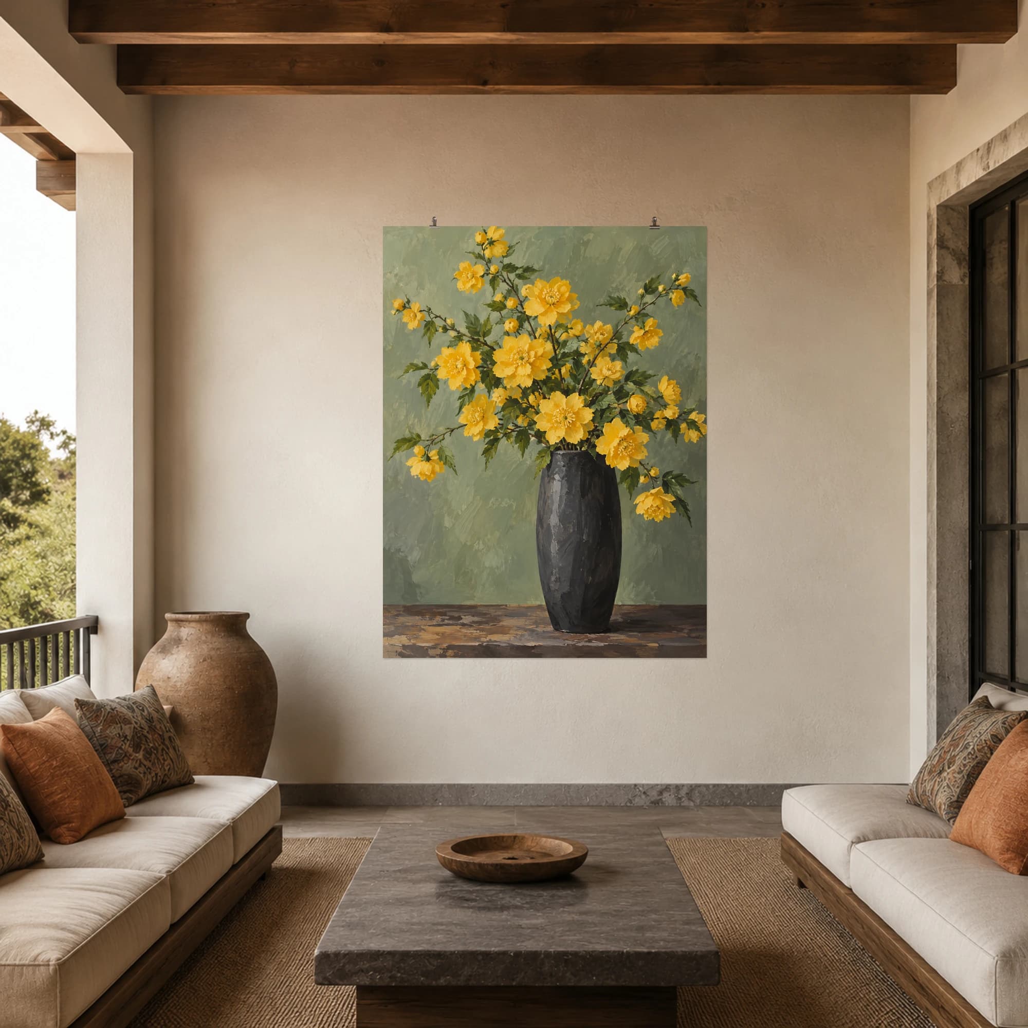 This gouache-style composition features golden kerria blossoms arranged in a tall charcoal vase against a muted sage wall. Expressive brushwork and carefully balanced color bring a distinctive focal point to your wall.