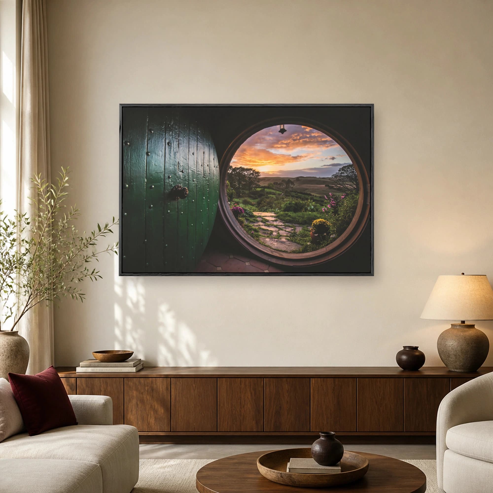 A view through a round green wooden door looking out onto rolling green hills during a vibrant sunset.