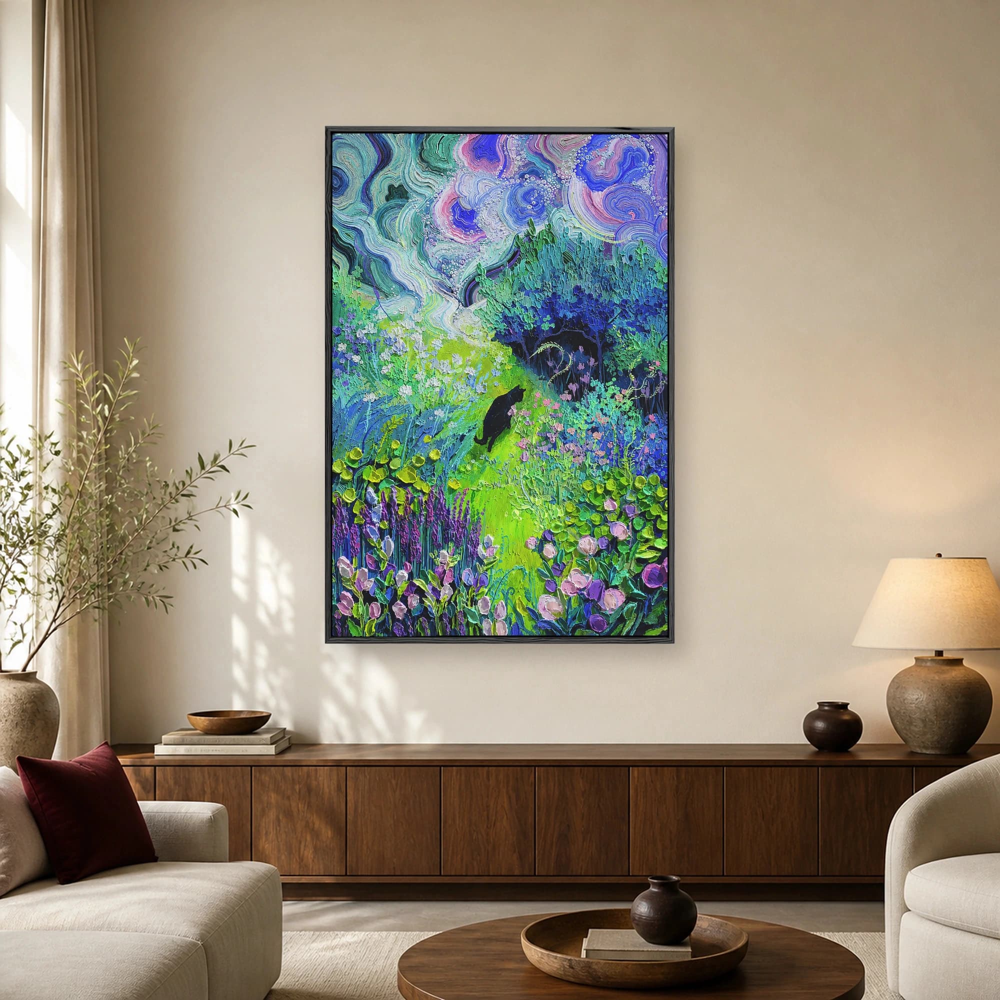 A textured impasto painting of a black cat walking on a glowing green garden path under a swirling purple and blue night sky.