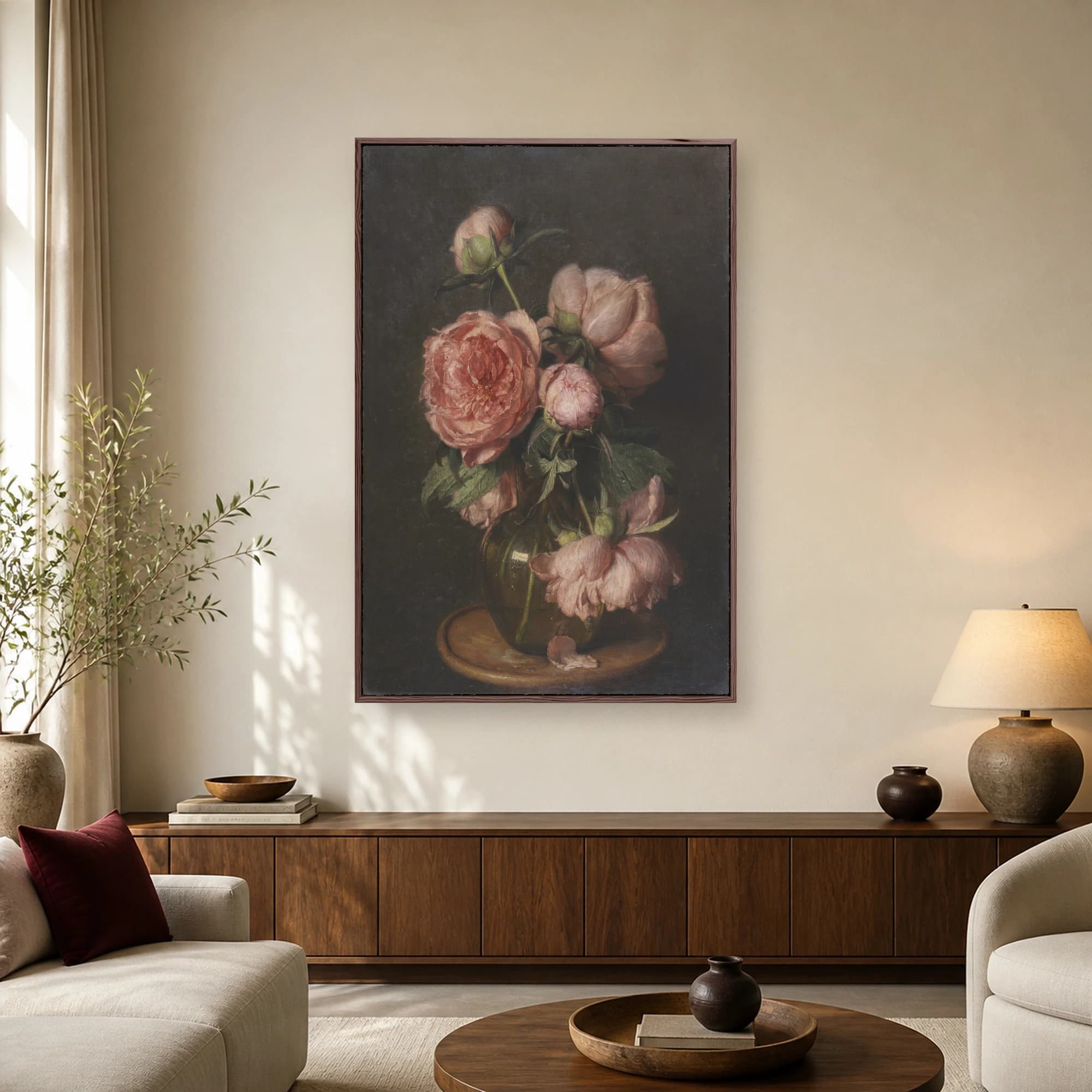 Fine art print of a classical still life painting featuring pink peonies in a glass vase on a wooden table against a dark background.