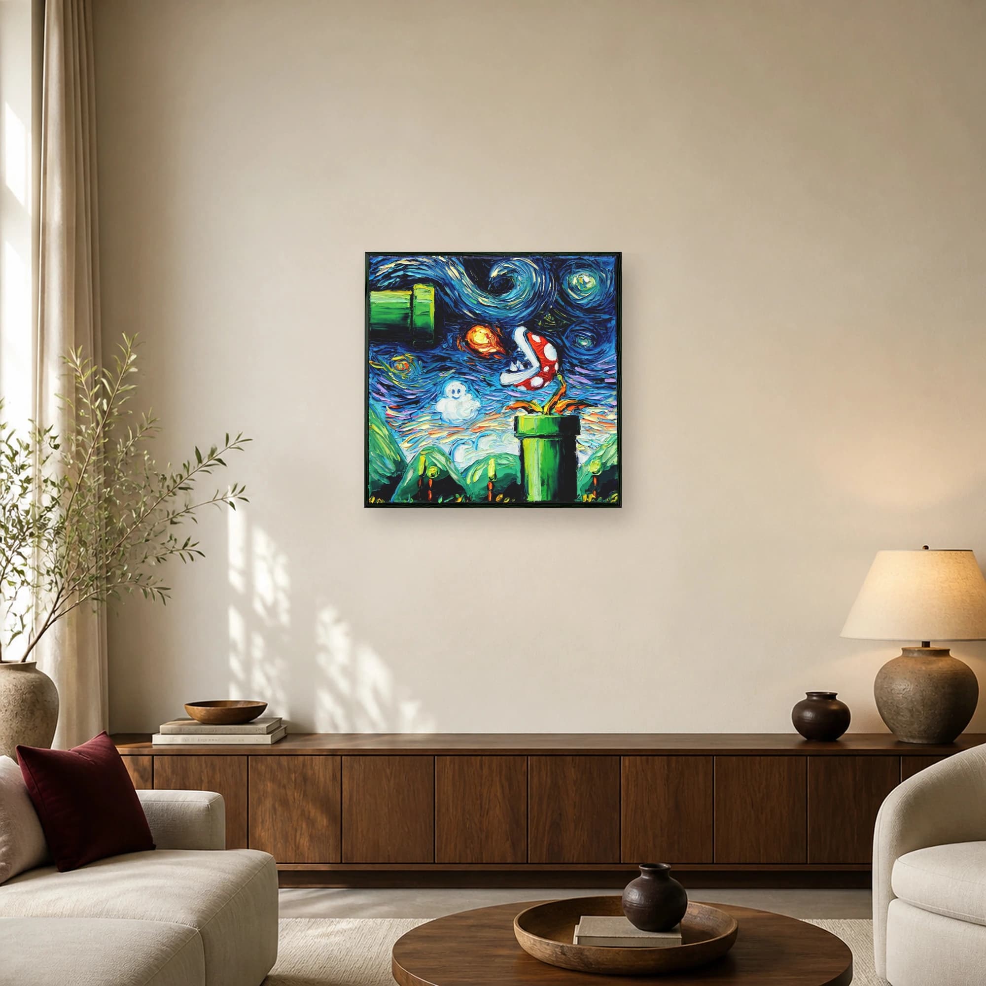 Textured impasto oil painting depicting a swirling blue night sky with green warp pipes, a Piranha Plant spitting fire, and video game elements.