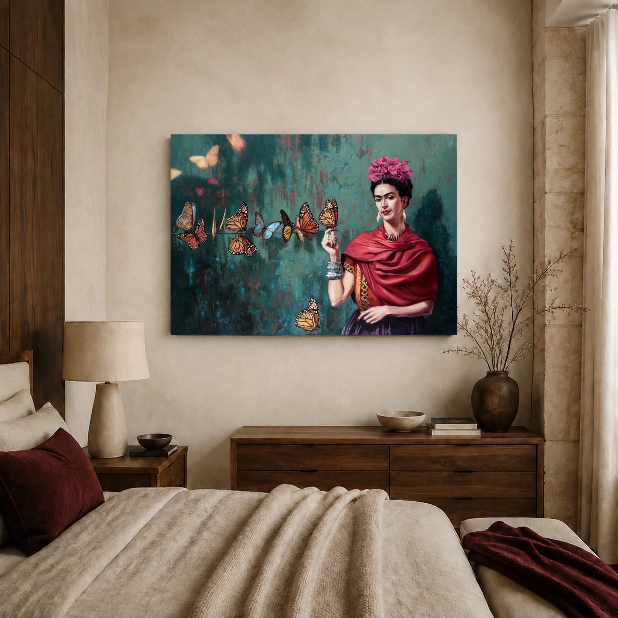 Frida Kahlo Portrait Canvas Print with Monarch Butterflies Wall Art, view 8