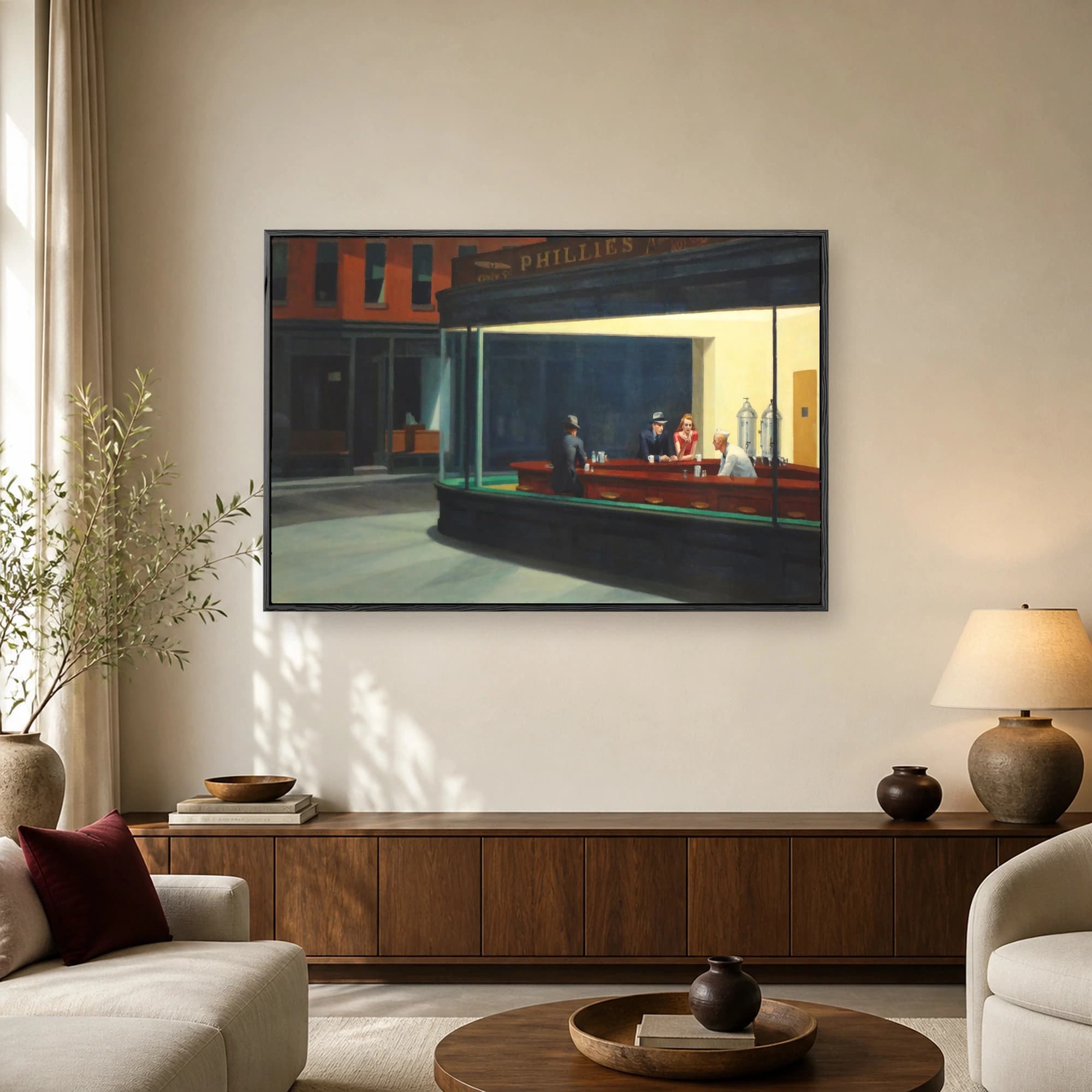 Edward Hopper Nighthawks art print showing patrons in a brightly lit diner at night