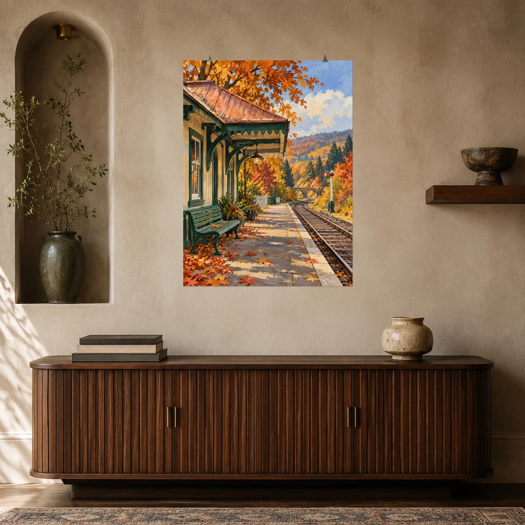 This gouache-style composition features an empty small country railway station with a green bench and copper roof surrounded by autumn trees. Expressive brushwork and a balanced palette bring warmth and character to your space.