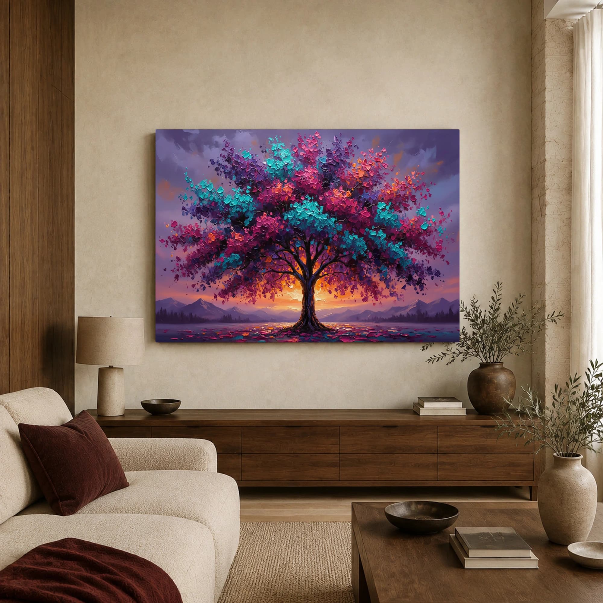 Vibrant Impasto Tree Sunset Landscape Canvas Print, view 3
