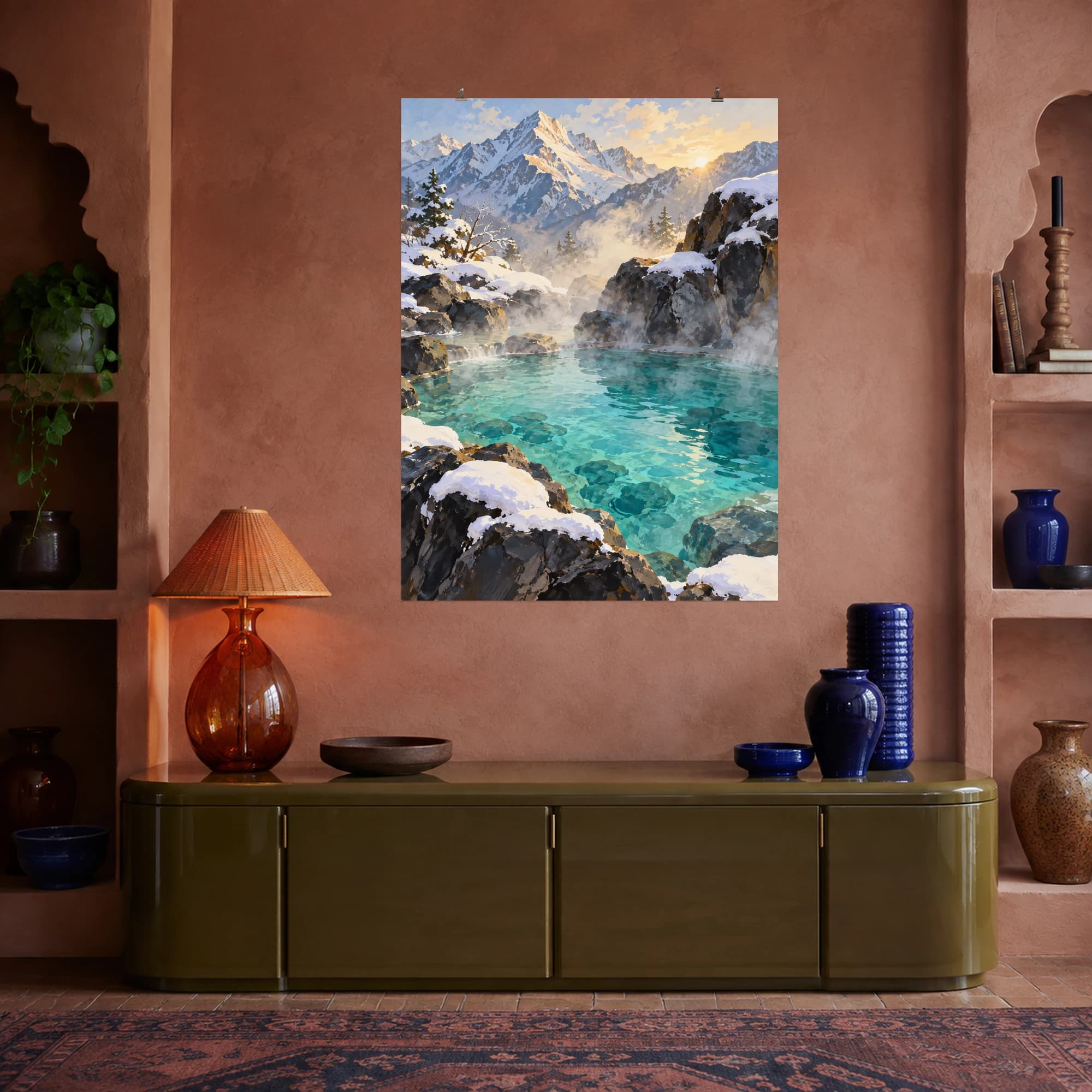 This gouache-style composition features a steaming turquoise hot spring among dark mountain rocks with soft snow and morning light. Expressive brushwork and carefully balanced color bring a distinctive focal point to your wall.