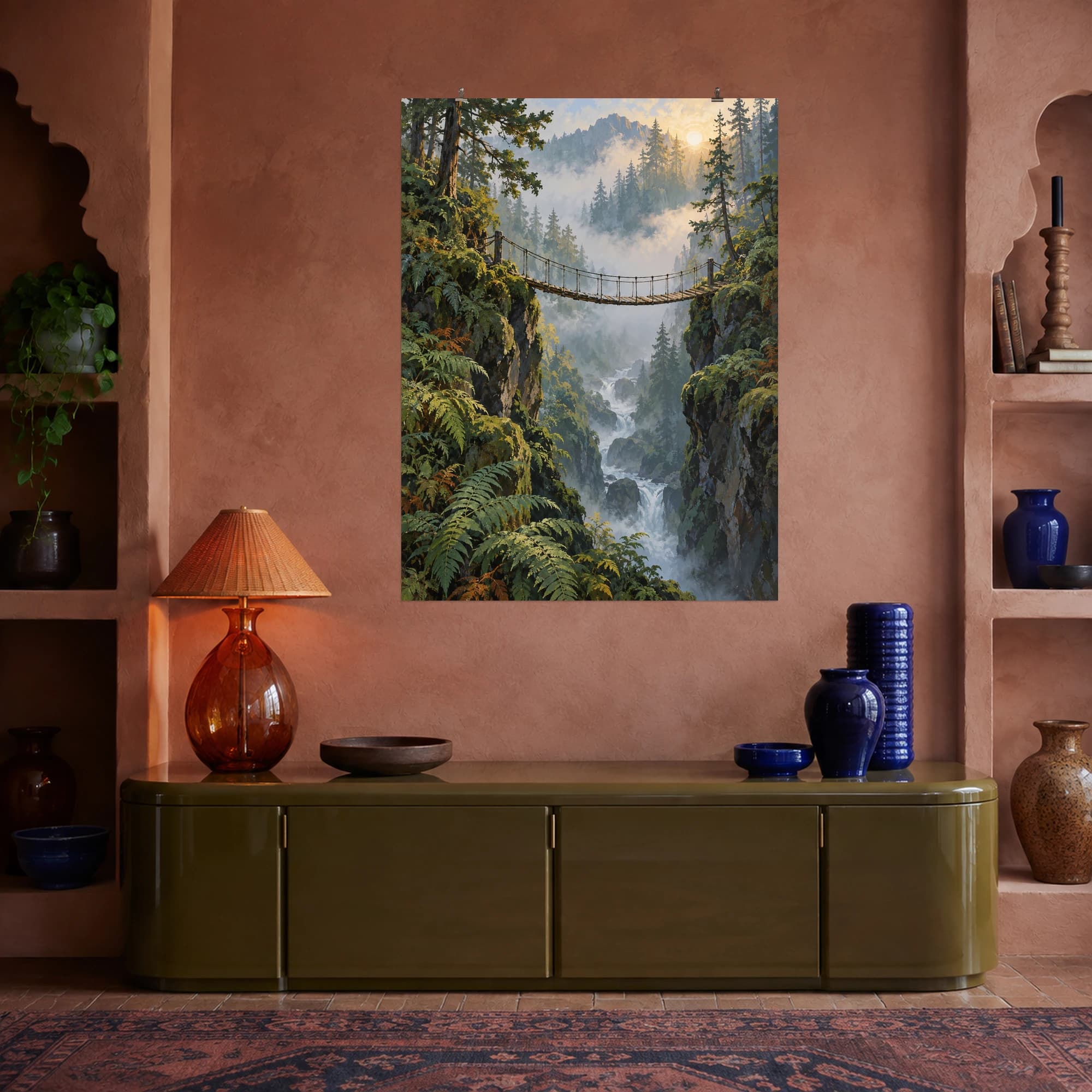This gouache-style composition features a narrow rope suspension bridge spanning a fern filled forest gorge in morning mist. Expressive brushwork and carefully balanced color bring a distinctive focal point to your wall.