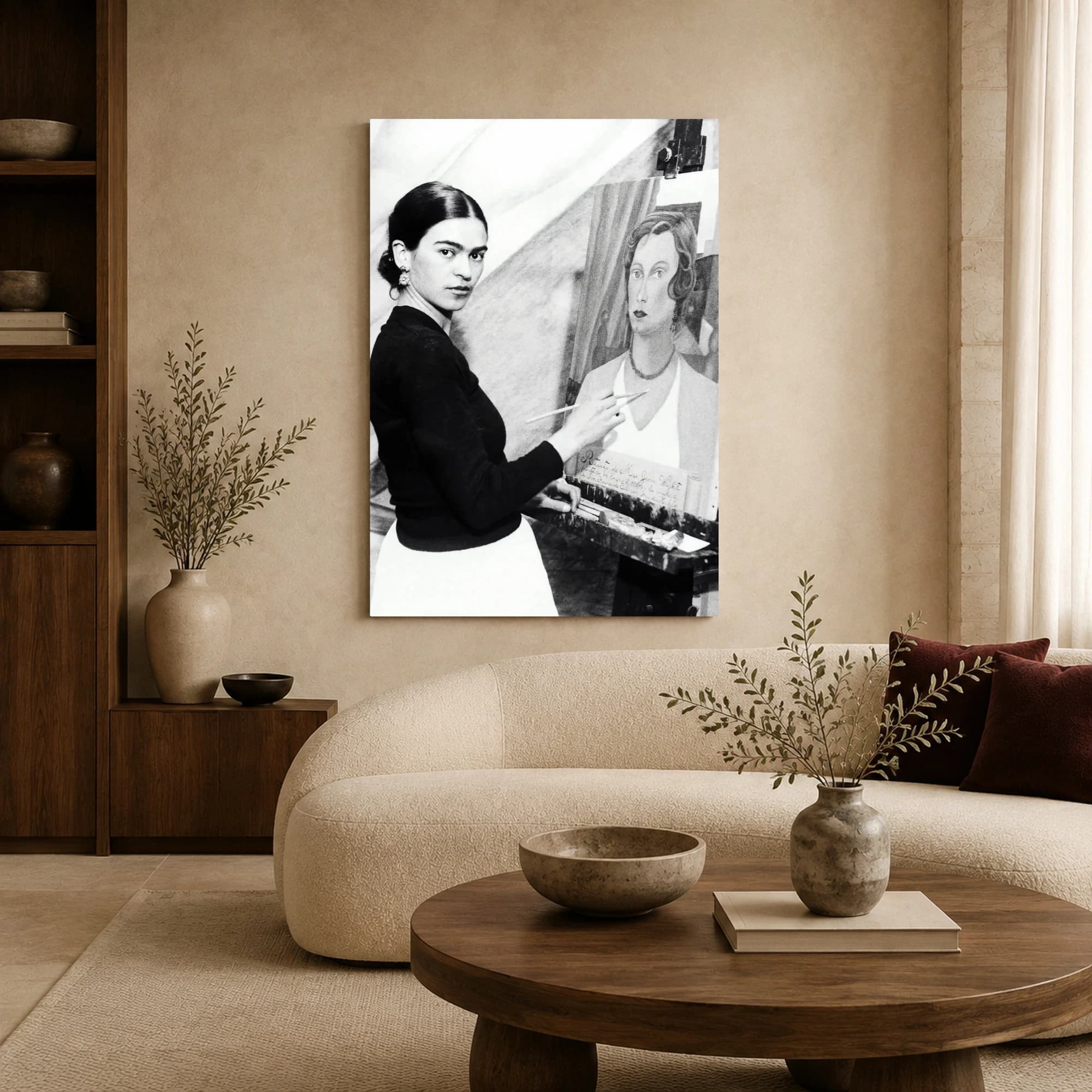 Frida Kahlo Painting in Studio Black and White Canvas Print, view 4