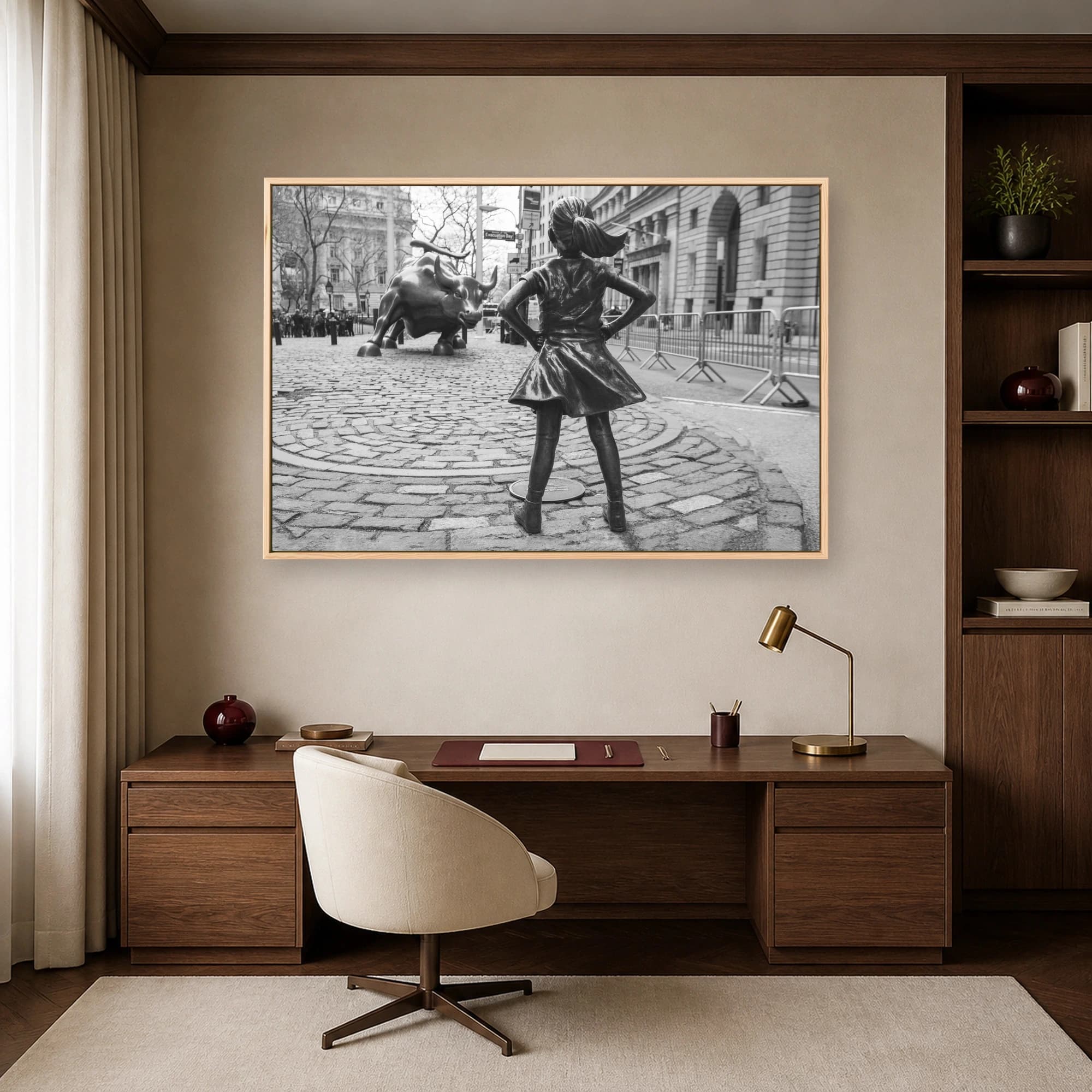 Fearless Girl and Charging Bull Black and White Wall Art Print, view 7